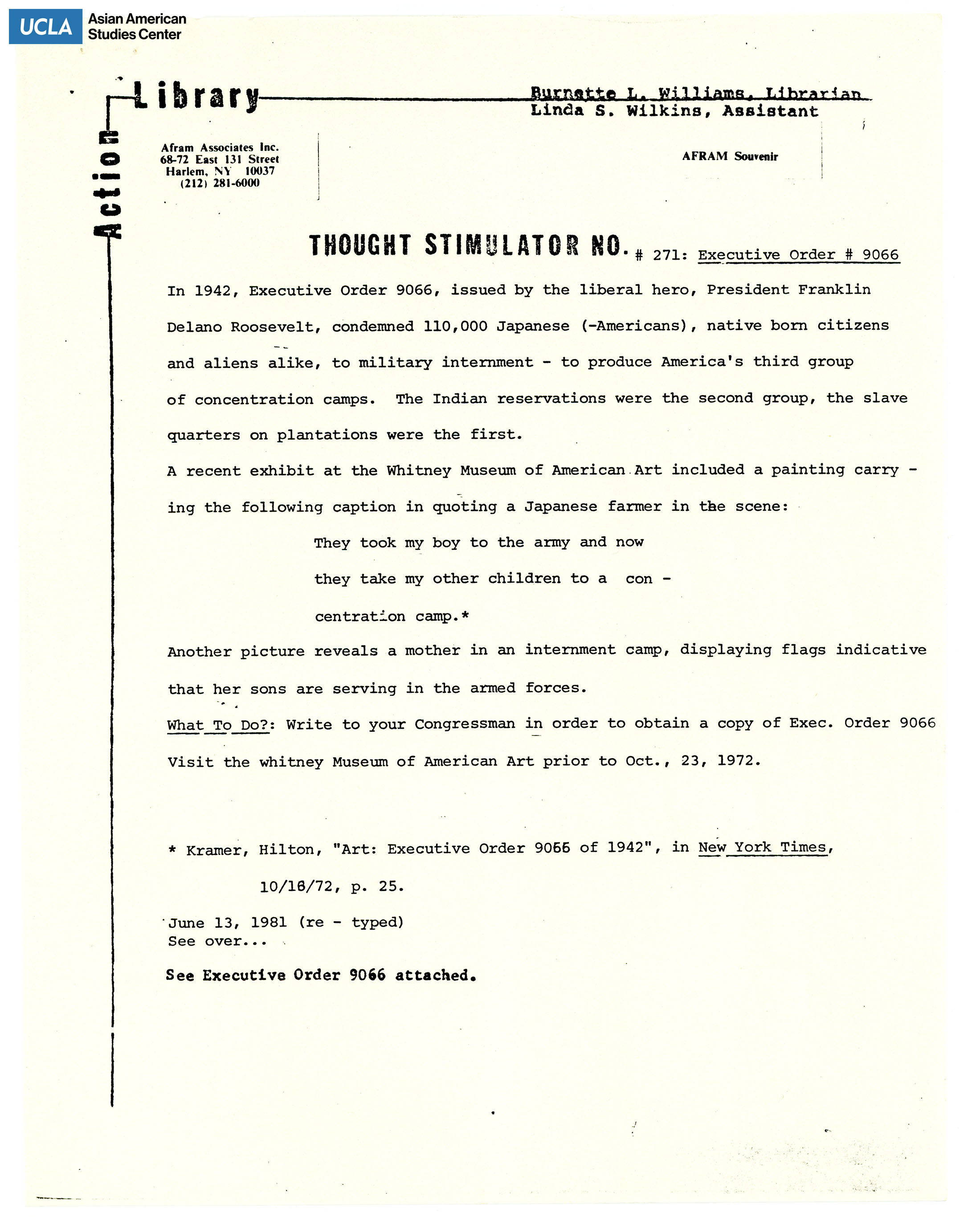Thought Stimulator No. 271 regarding writing to your Congressman on Executive Order 9066.