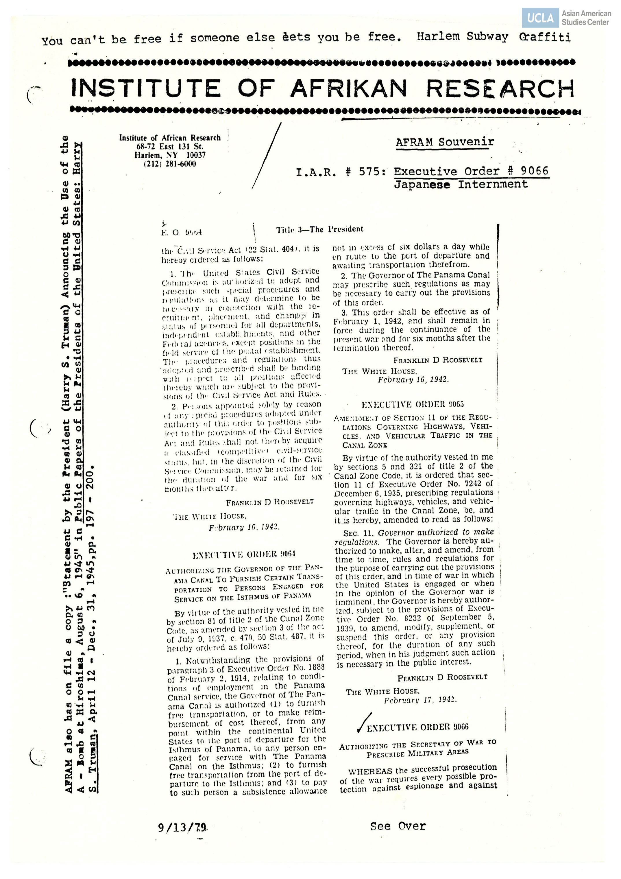 Statement copy from Institute of Afrikan Research regarding Executive Order 9066.