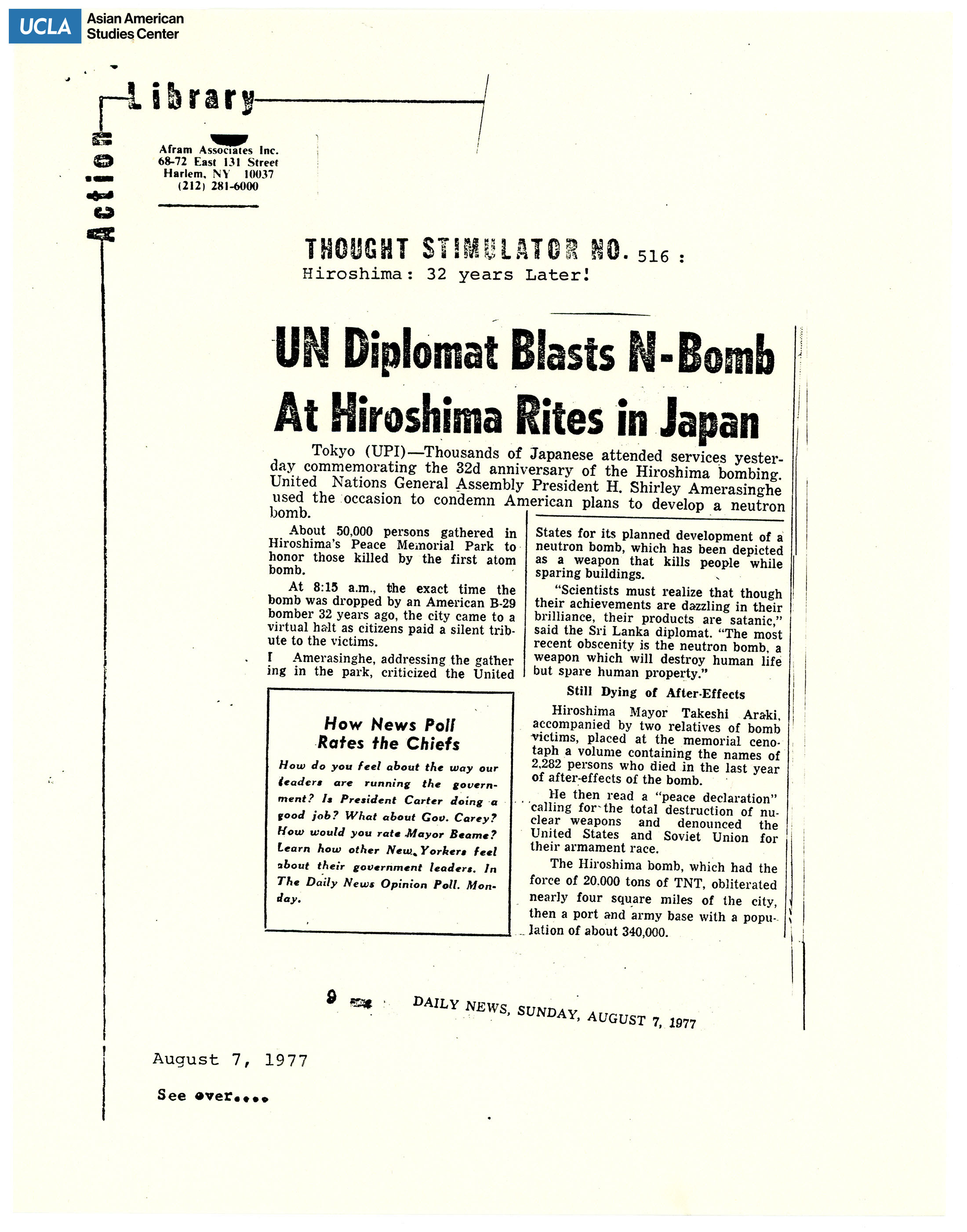 Thought Stimulator No. 516 regarding Hiroshima: 32 Years Later. Newspaper clippings from Daily News.