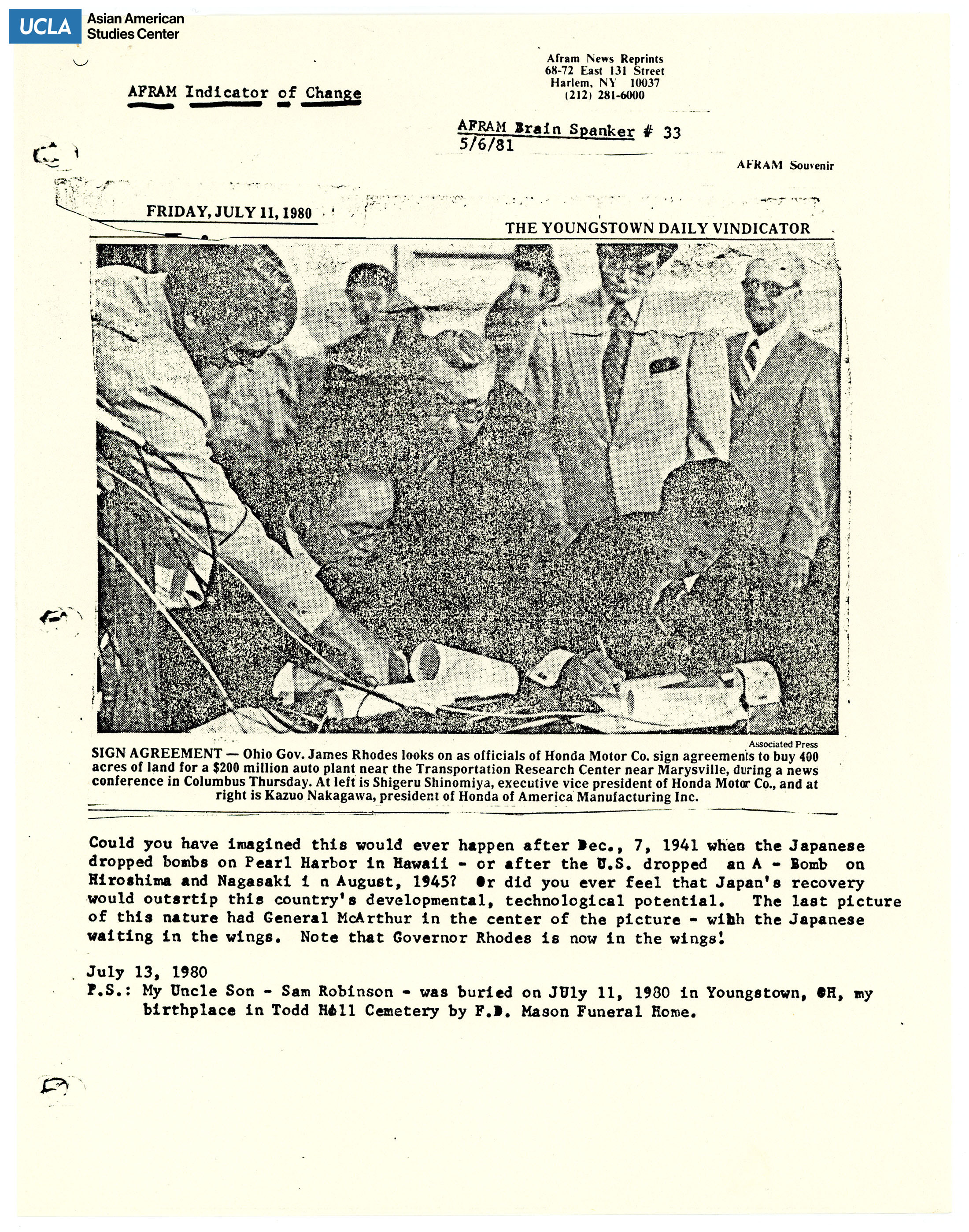 AFRAM Brain Spanker No. 33 regarding newspaper clipping from the Youngstown Daily Inidicator, JUly 11, 1980. Includes written reaction to newspaper clipping of Shigeru Shinomiya and Kazuo Nakagawa for Honda Motor Co. agreement.