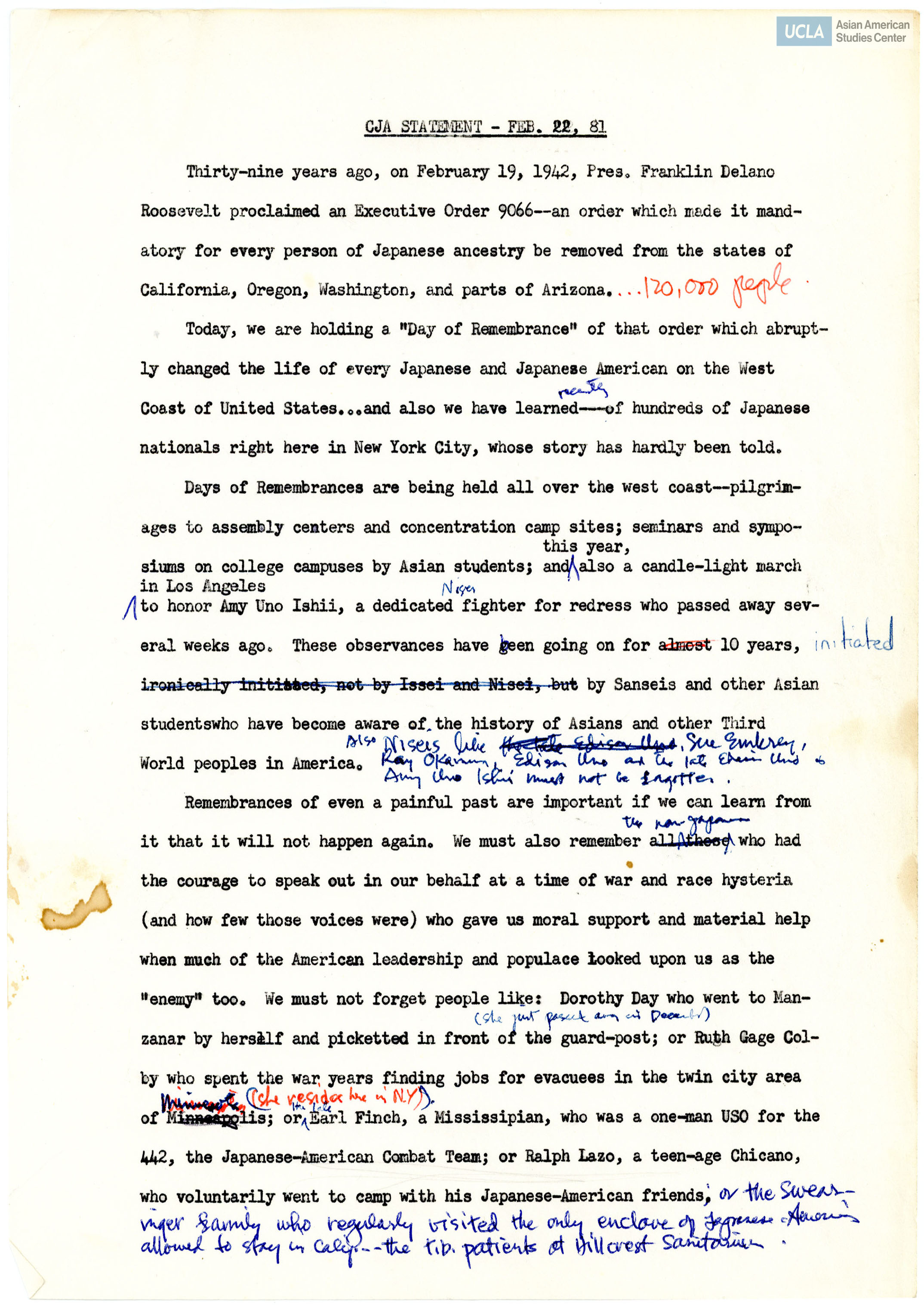 Draft statement regarding the commemoration of Executive Order 9066 and discussions of redress/reparations. Includes written corrections and notes.