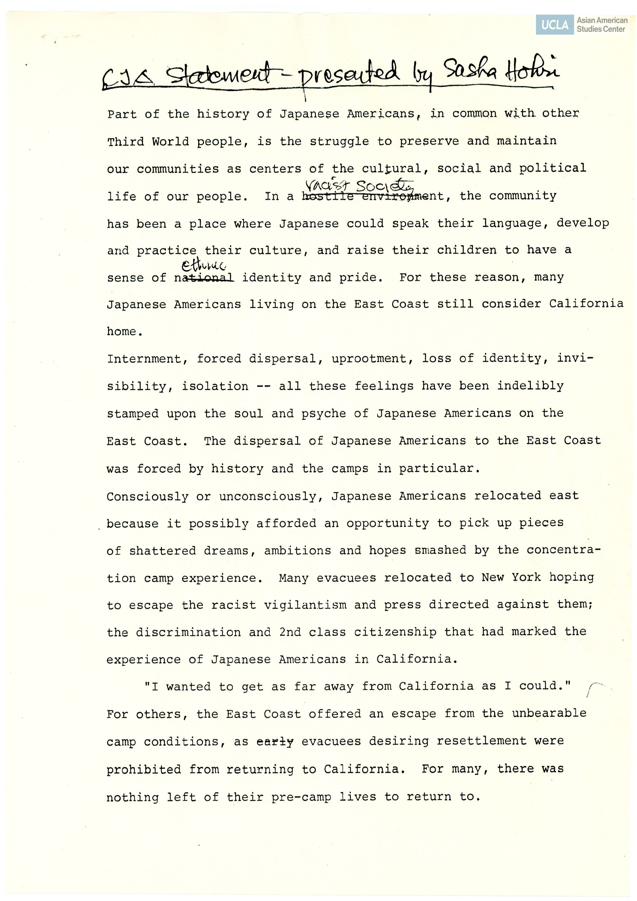 Statement regarding the history of Japanese Americans in the U.S and the necessity of redress/reparations.