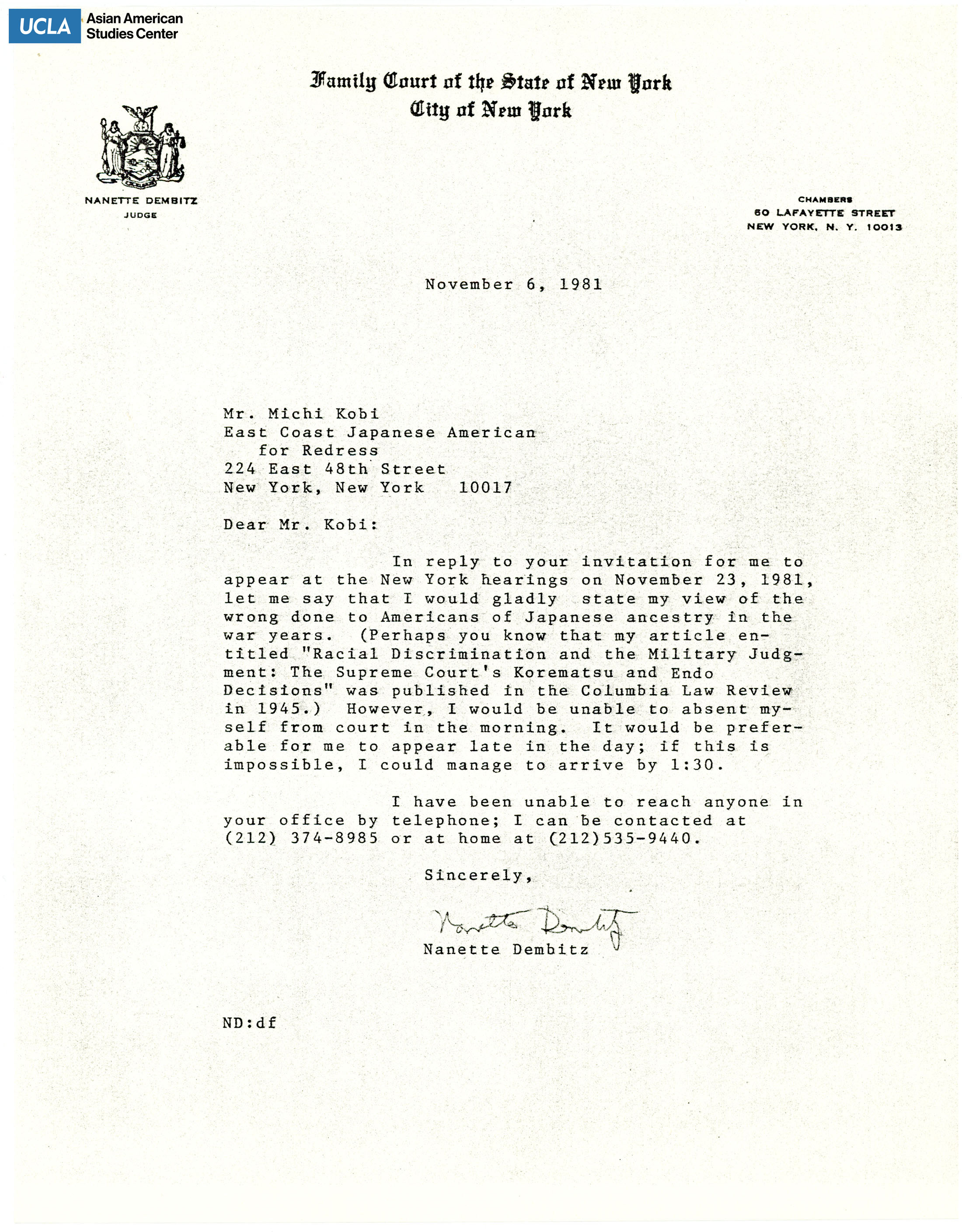 Letter regarding apprearance for the New York hearings on Japanese American redress.