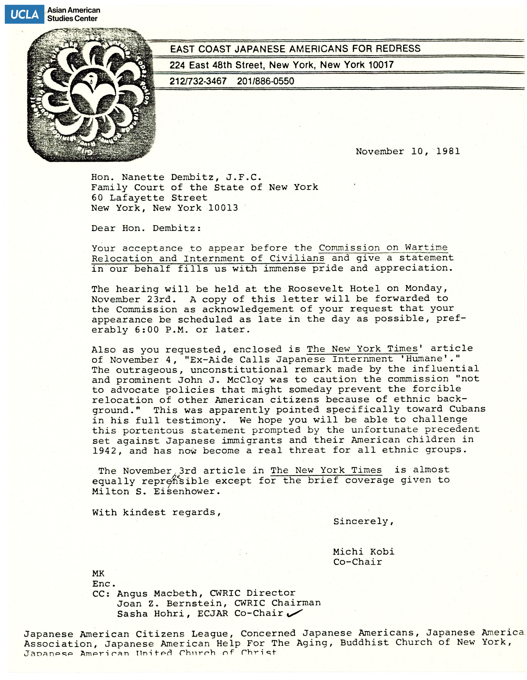Letter in reponse to Honorary Nanette Dembitz appearance before the hearing of Commission on Wartime Relocation and Internment of Civilians.
