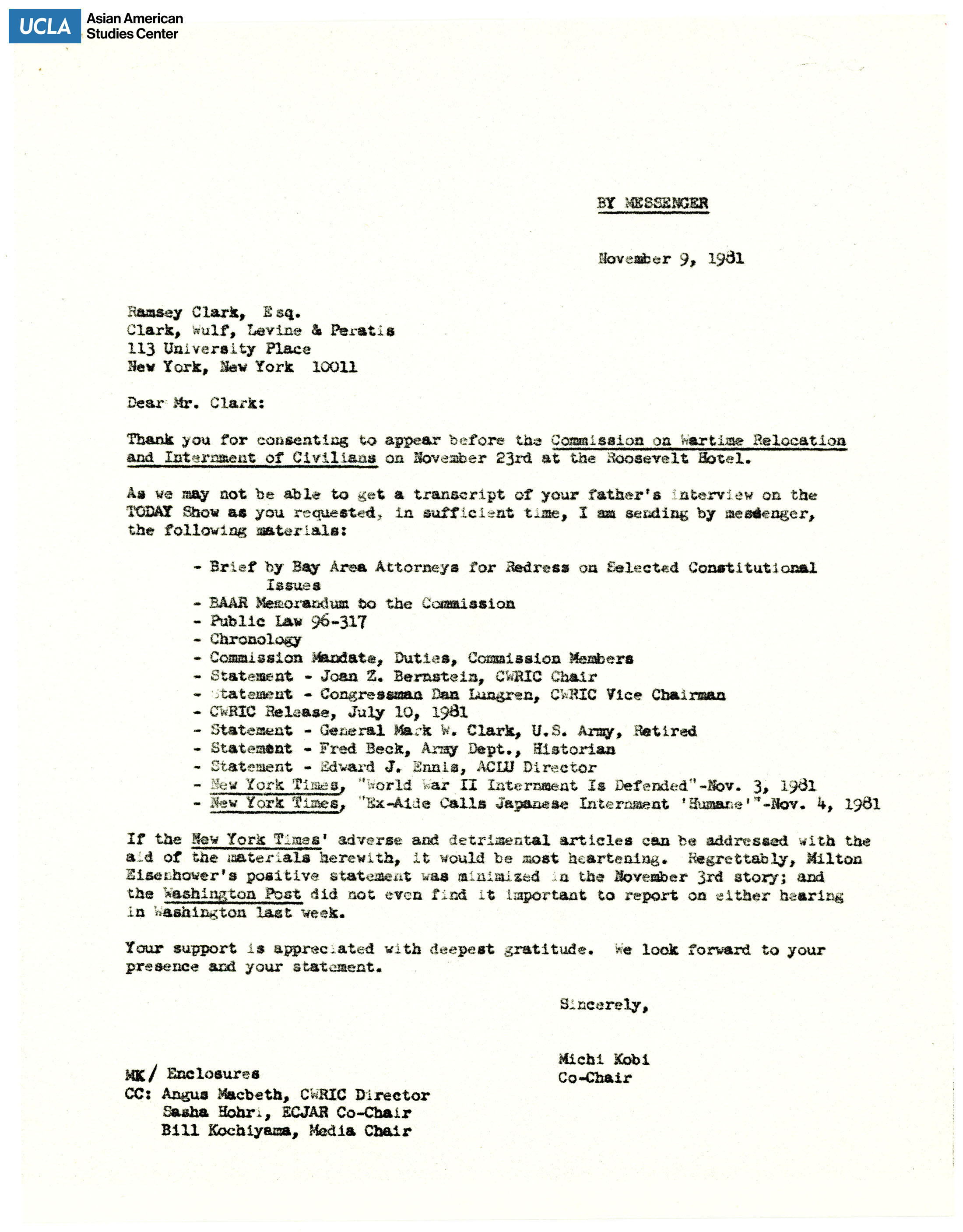 Letter regarding appearance at Commission on Wartime Relocation and Internment of Civilians.