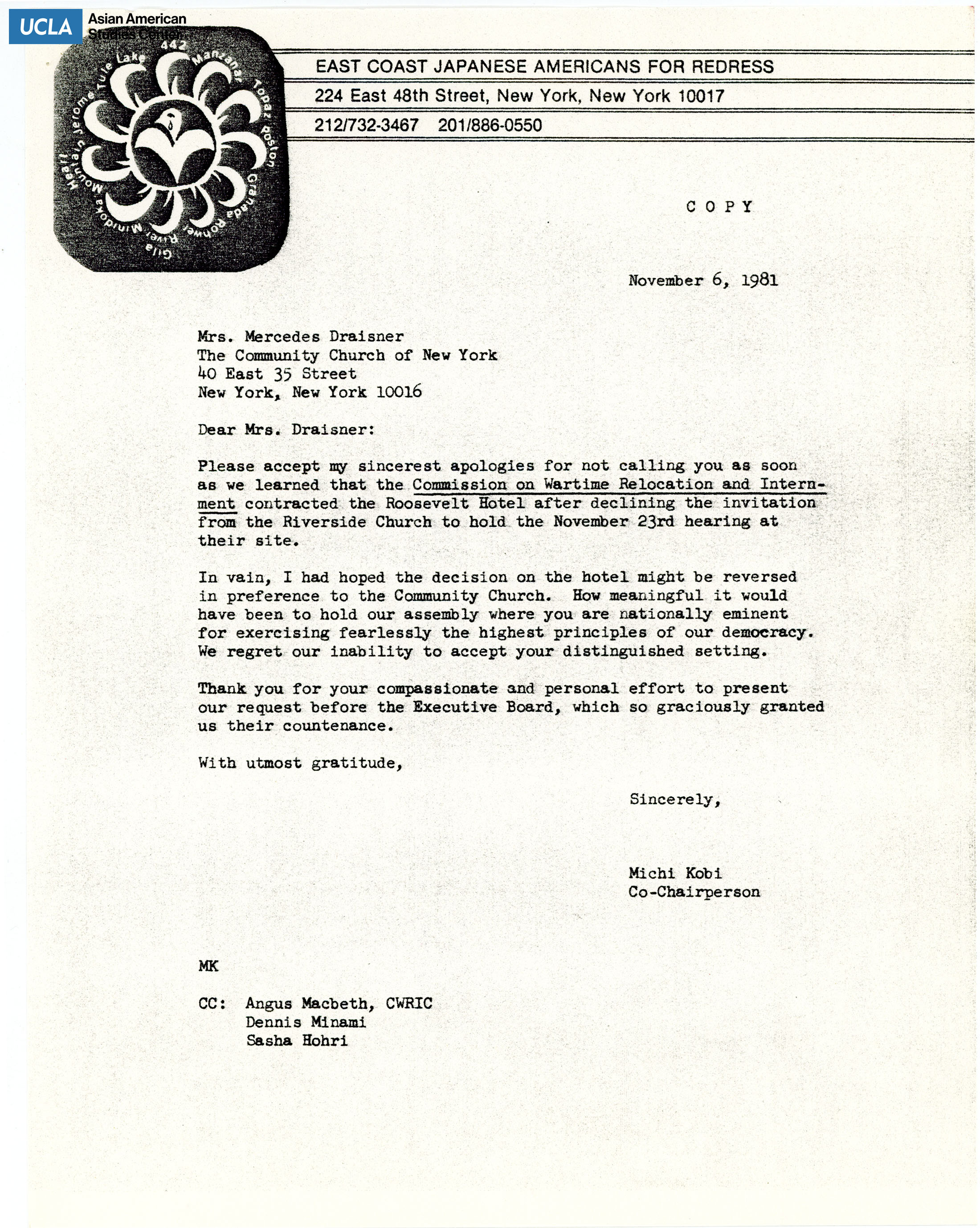 Letter of apology regarding not updating the location for the Commission on Wartime Relocation and Internment.