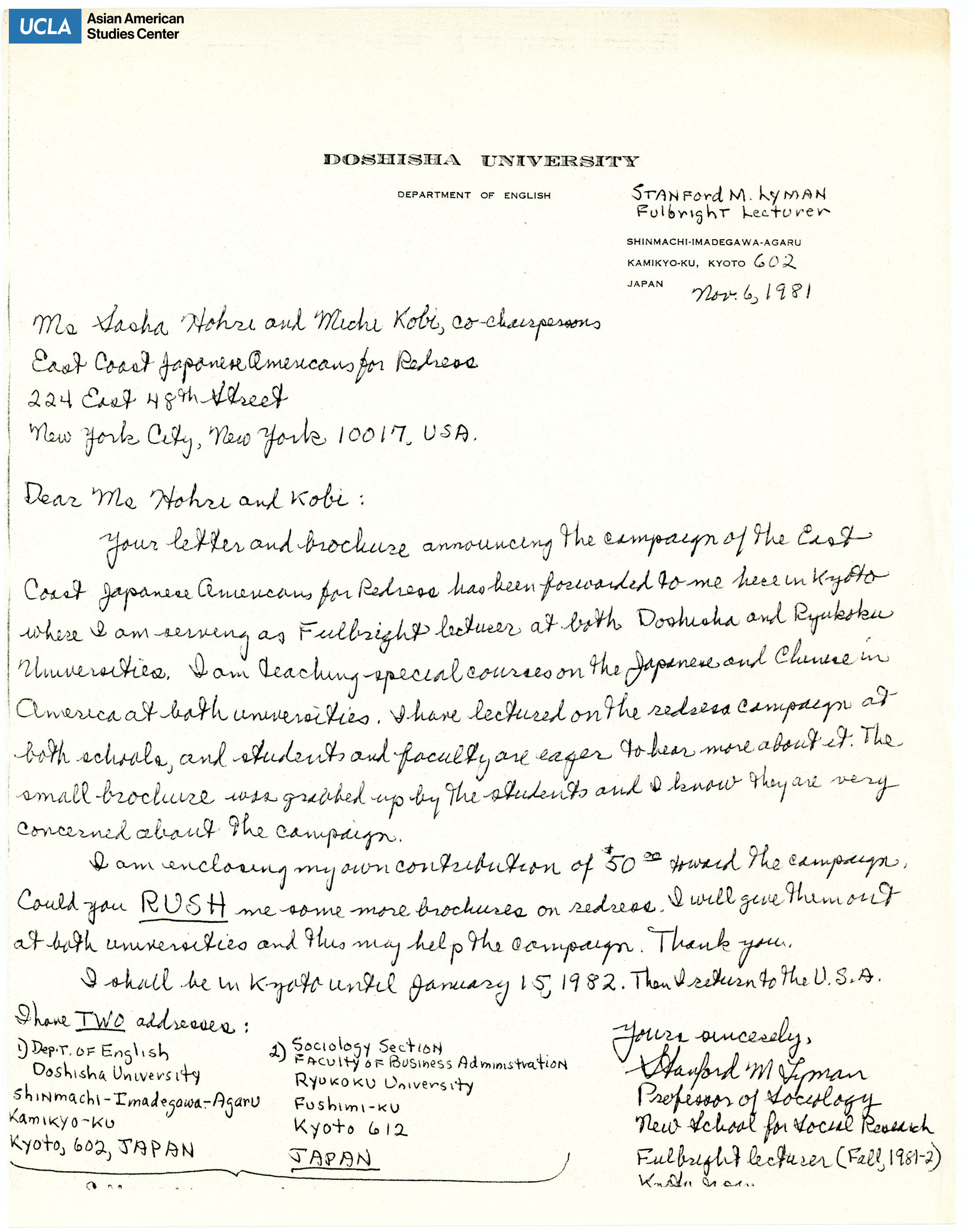 Letter regarding support for East Coast Japanese Americans for Redress.