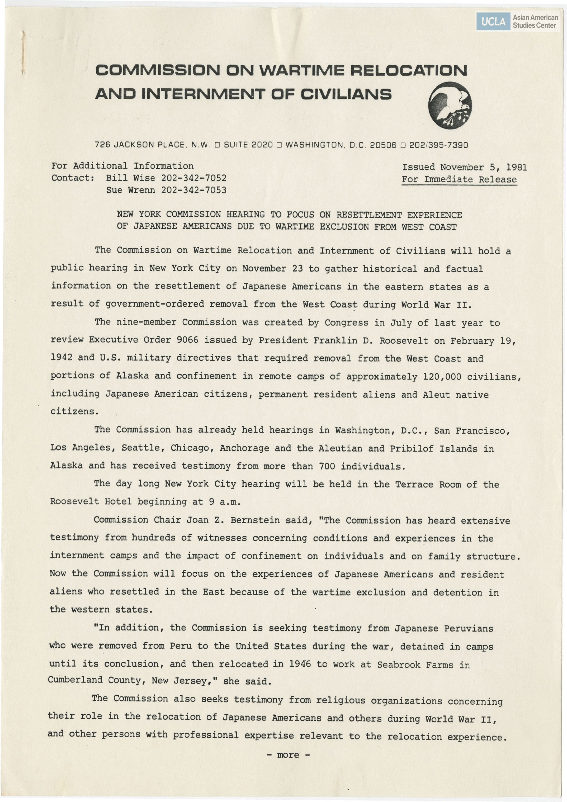 New York Commission hearing on resettlement experience of Japanese Americans due to Wartime Exclusion from West Coast.