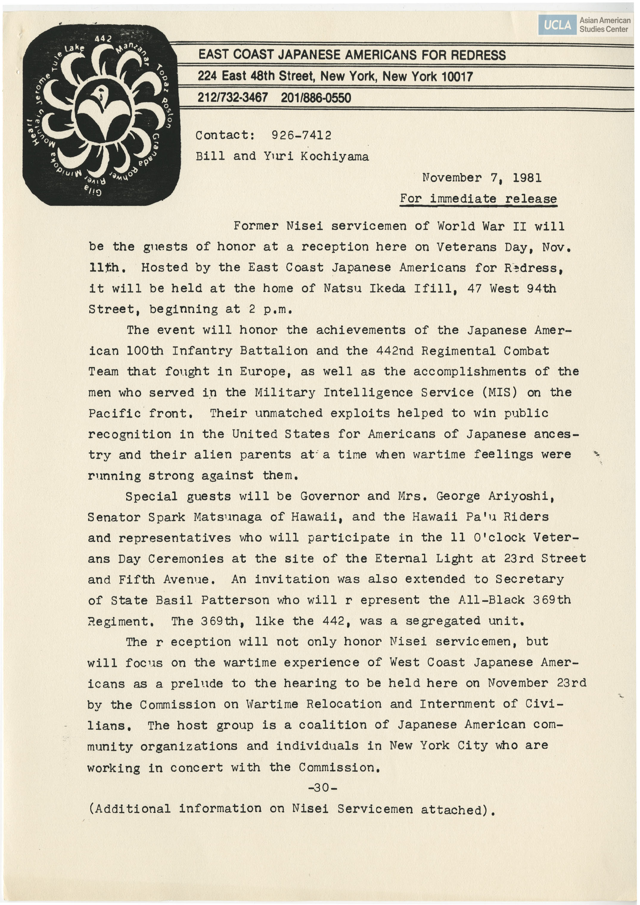 Press release regarding event for Nisei servicemen from World War II for Veterans Day.