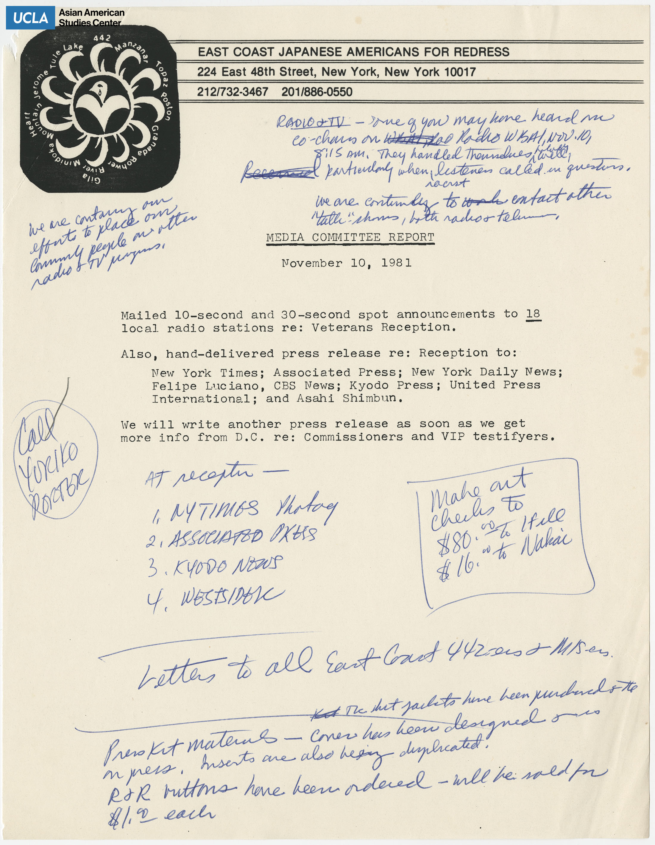 Media Committee Report regarding press releases and announcements. Includes hand-written notes.
