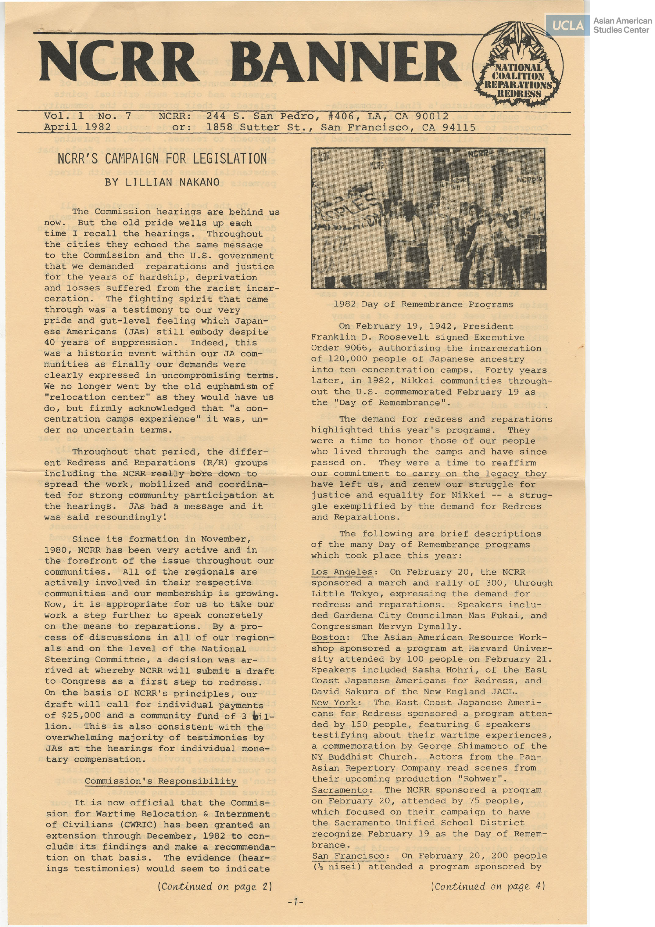 Newsletter regarding the campaign for legislation on the redress and reparations for Japanese American communities.