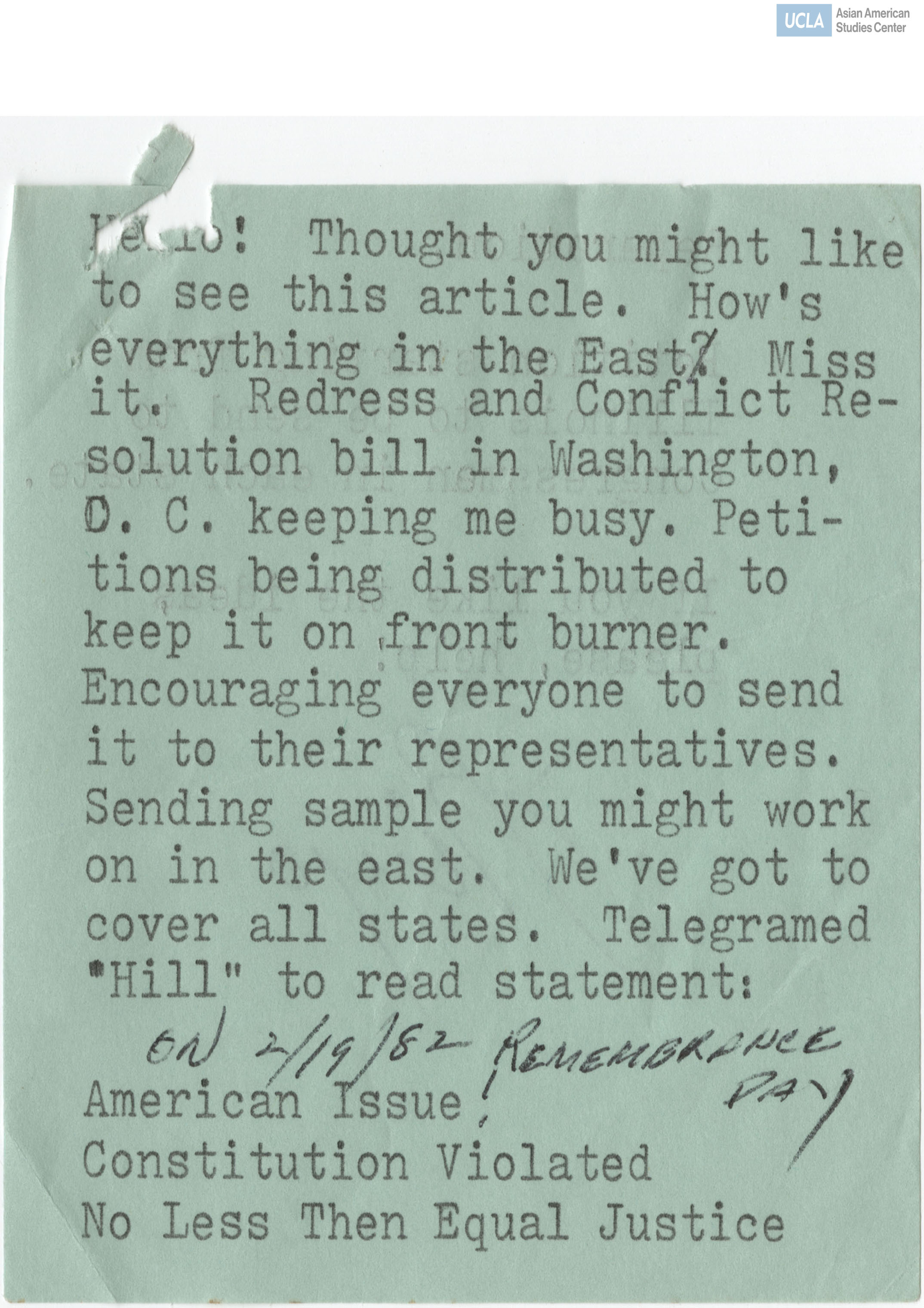 Letter from Chiyo regarding the progress on the Redress and Conflict Resolution bill and the encouragement to send the petition to their congressman.