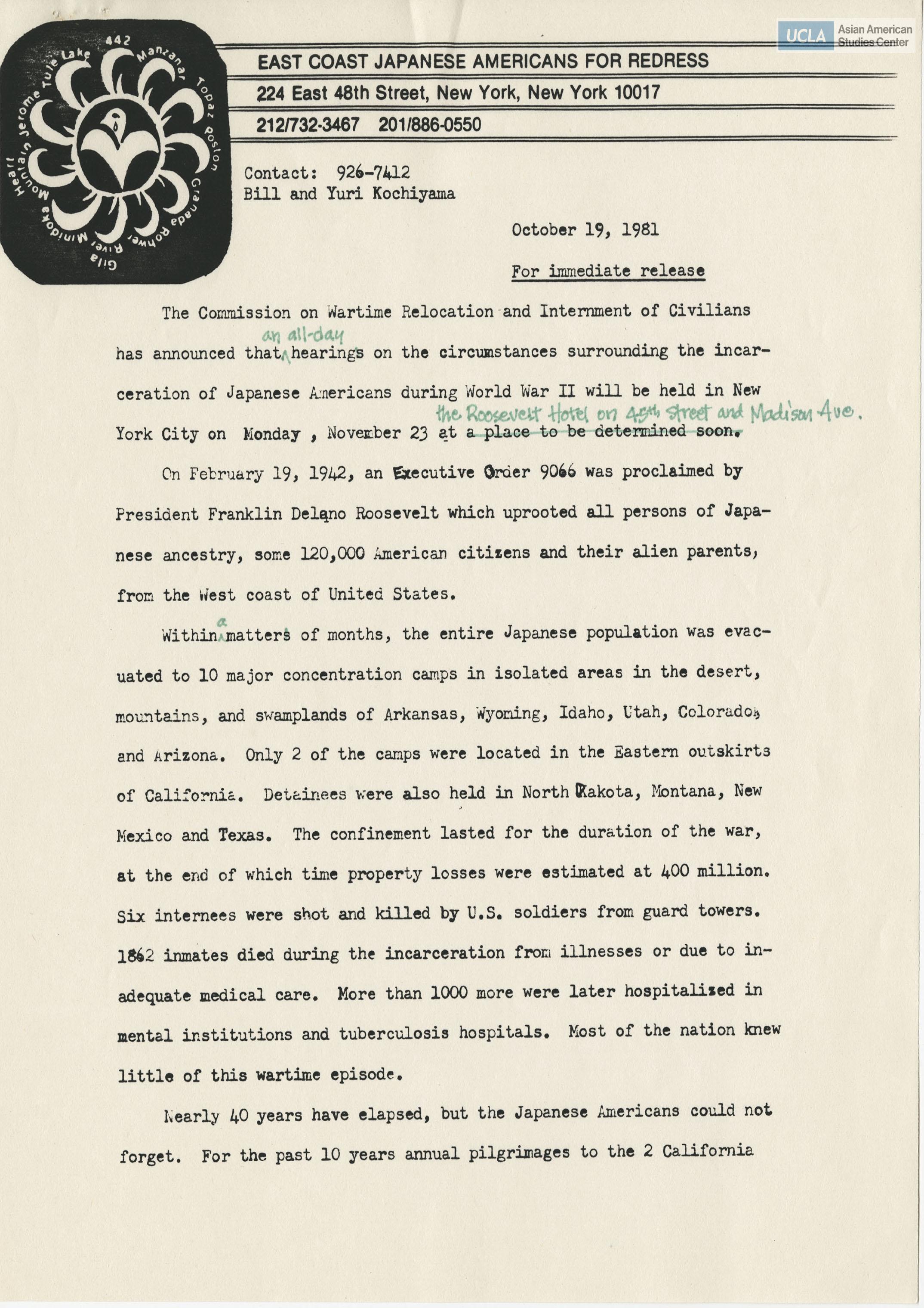 Press release regarding the hearings of the Commission on Wartime Relocation and Internment of Civilians. The Commission on Wartime Relocation and Internment of Civilians was commissioned by Congress to investigate and evaluate the impacts of Japanese Americans and people of Japanese ancestry after the signing of Executive Order 9066. Following over 750 testimonies, the Commission concluded with the Civil Liberties Act of 1988. The Civil Liberties Act of 1988 provided a formal apology from President George Bush and a redress check of $20,000 to any surviving Japanese American and legal resident of Japanese ancestry who were incarcerated in the time of World War II.