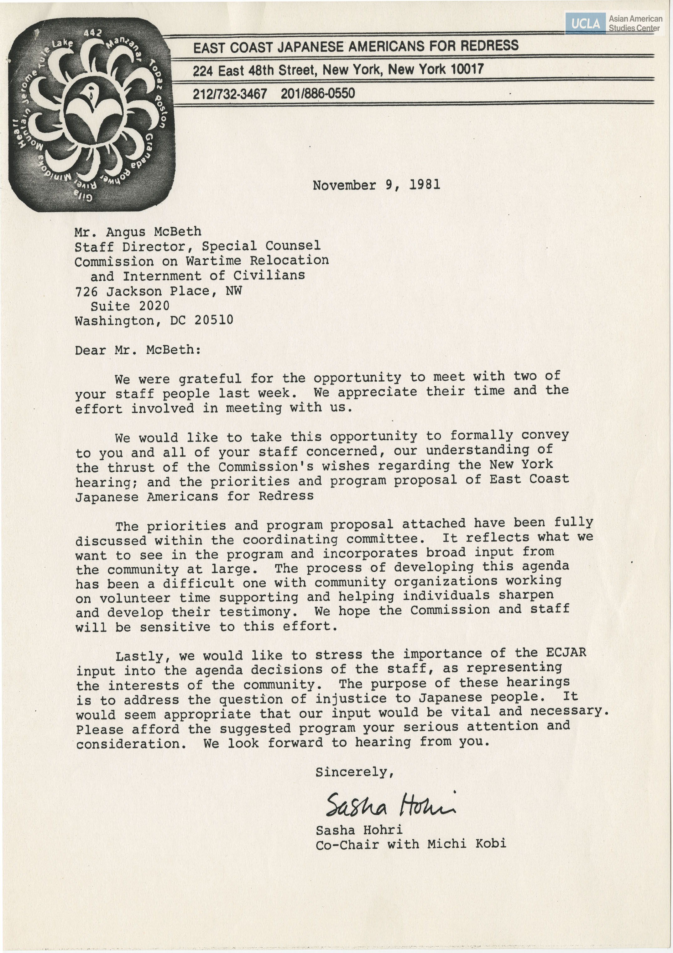 Letter regarding the Commission on Wartime Relocation and Internment of Civilians. Includes New York hearing proposal.