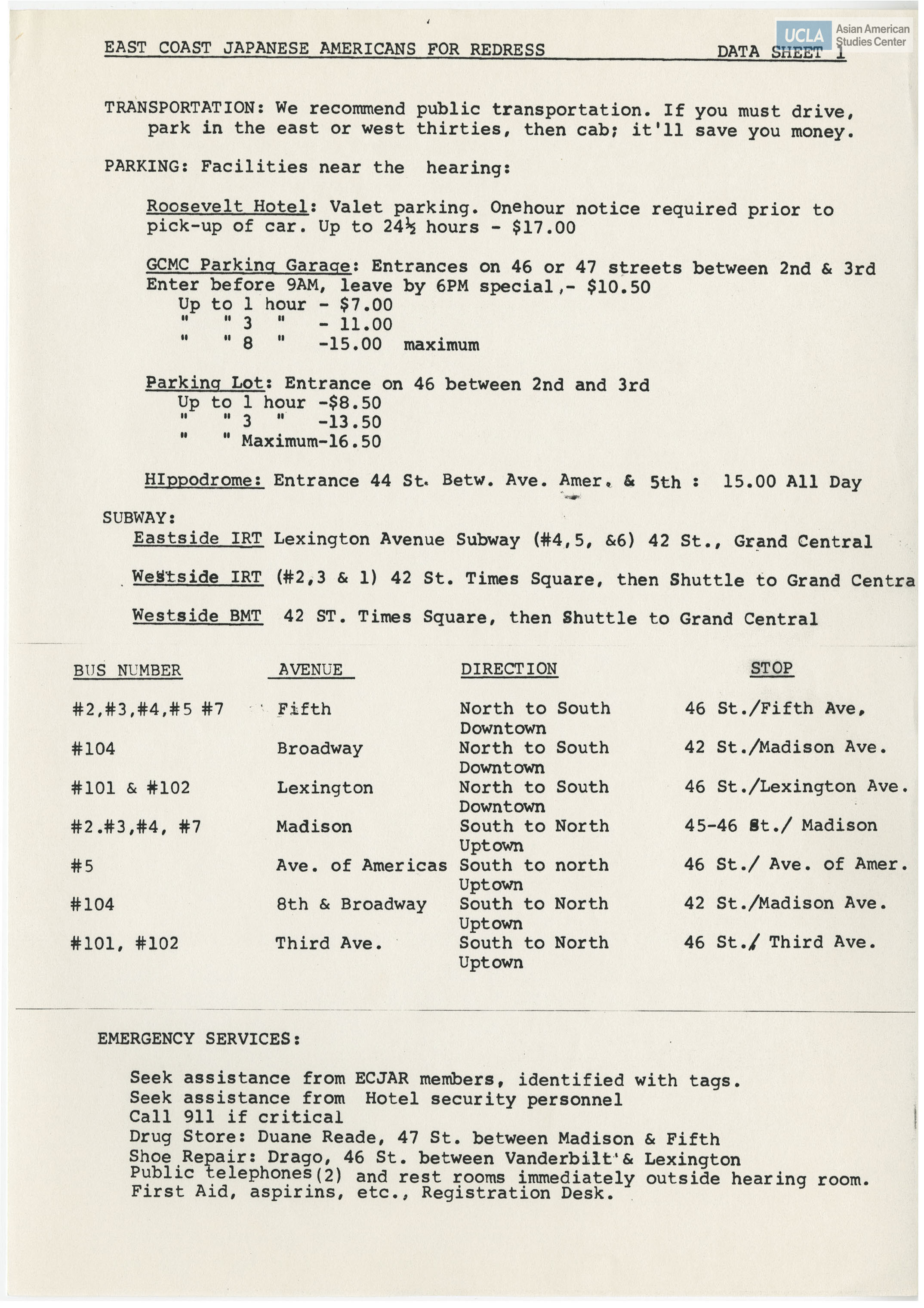 Recommended transportation, emergency services, and restaurants for the hearing of Commission on Wartime Relocation and Internment of Civilians.