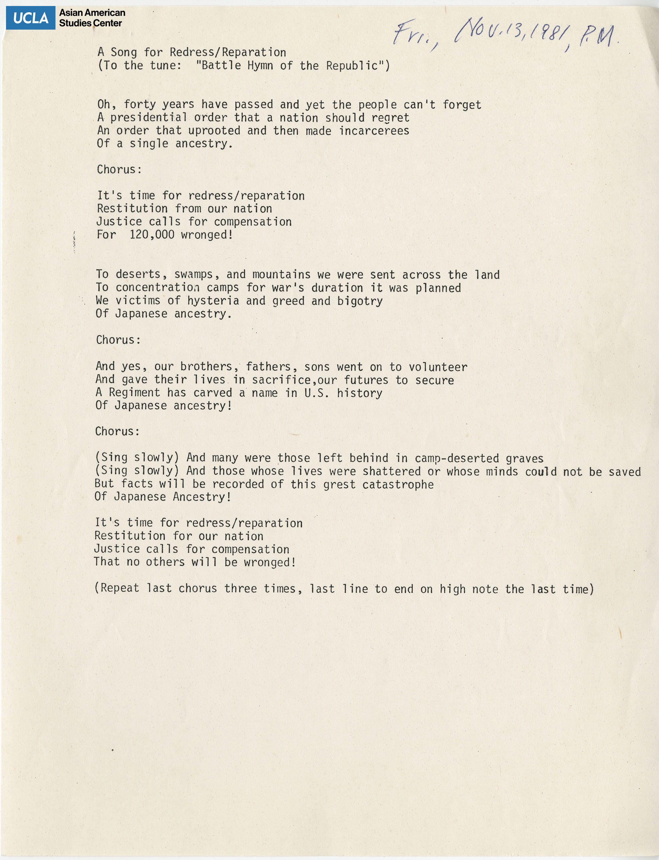 Song of Redress/Reparations to the tune of 