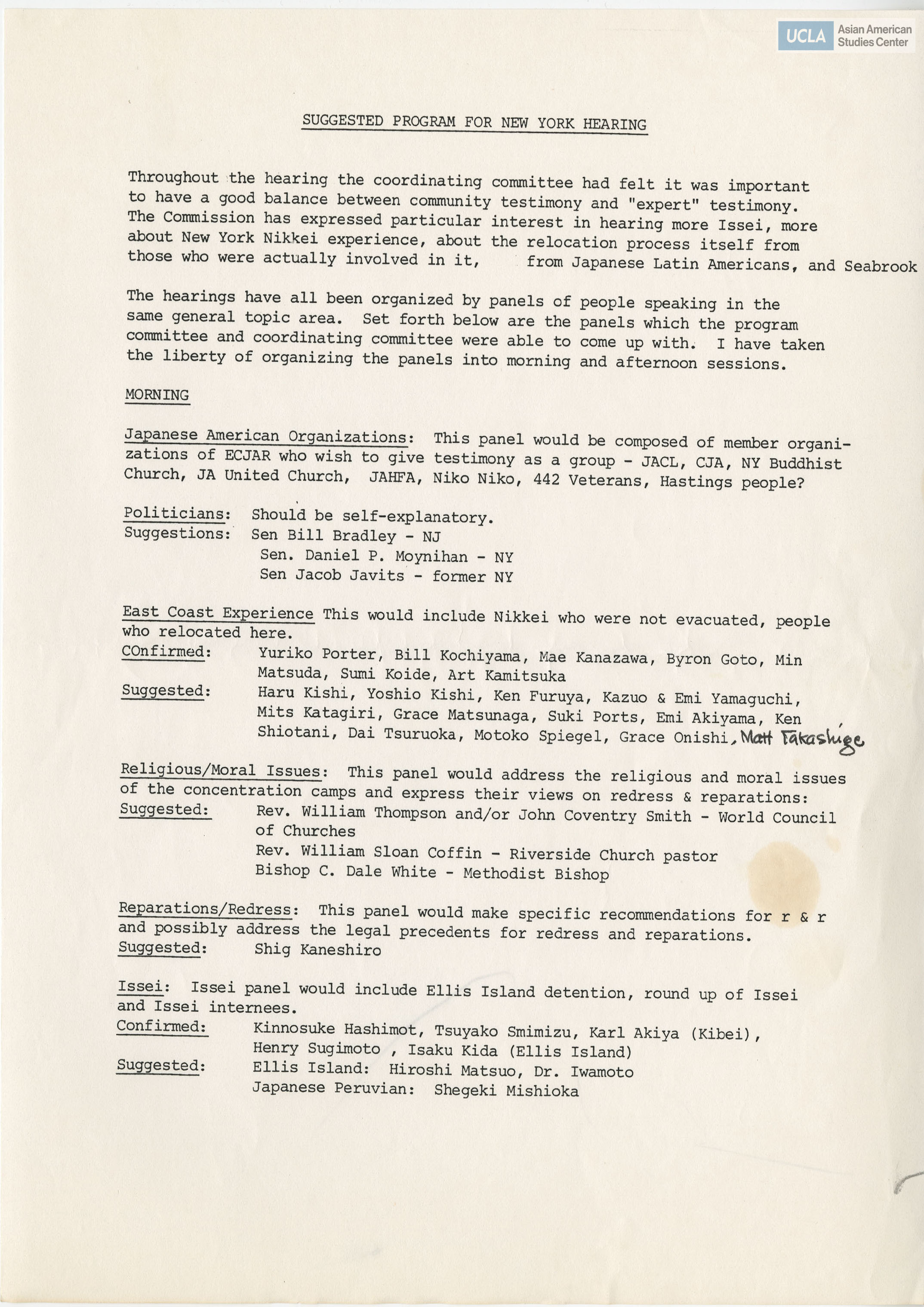 Suggested programs for the hearings of the Commission on Wartime Relocation and Internment of Civilians.