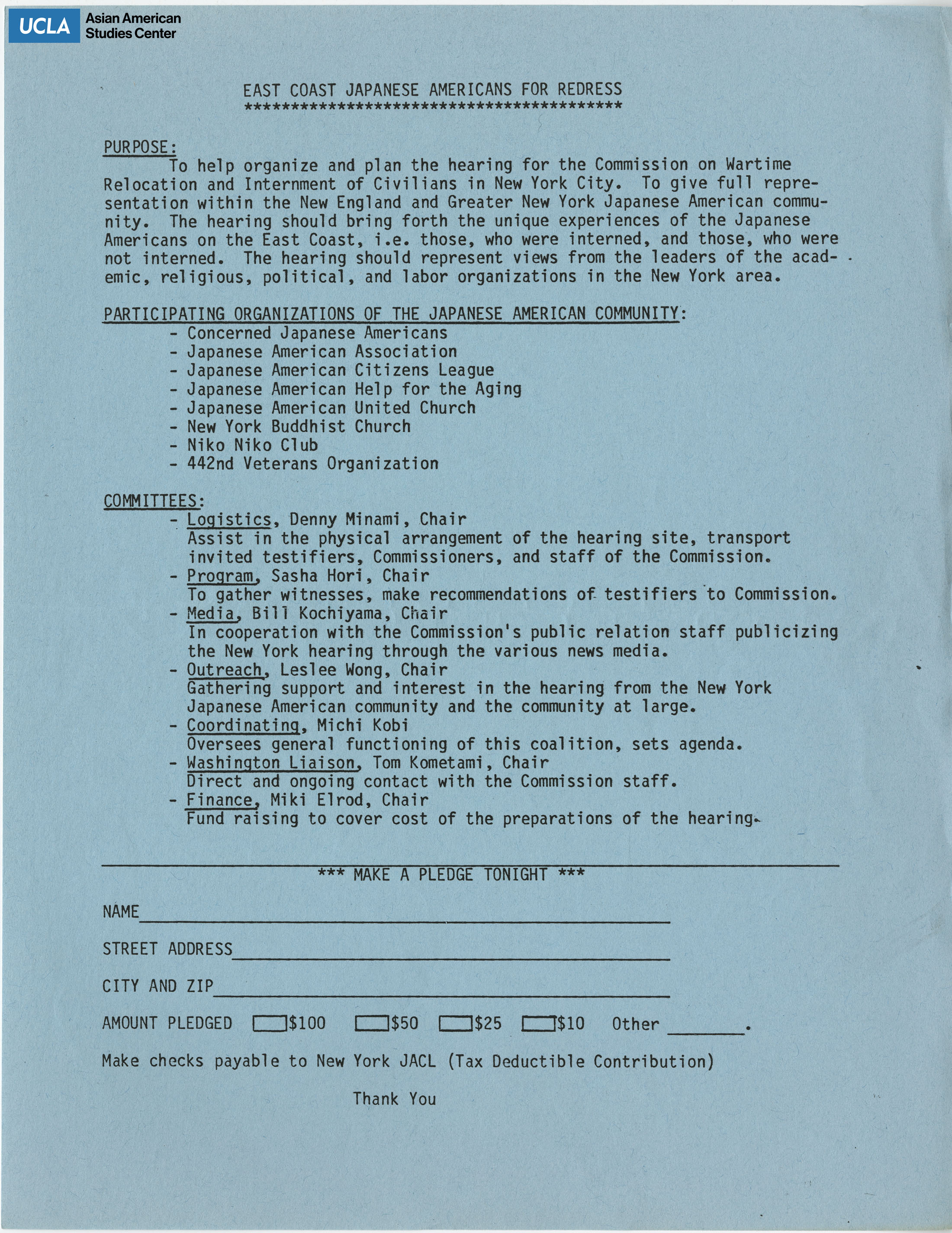 Flyer regarding pledging and donating to the purpose of the Commission on Wartime Relocation and Internment of Civilians.