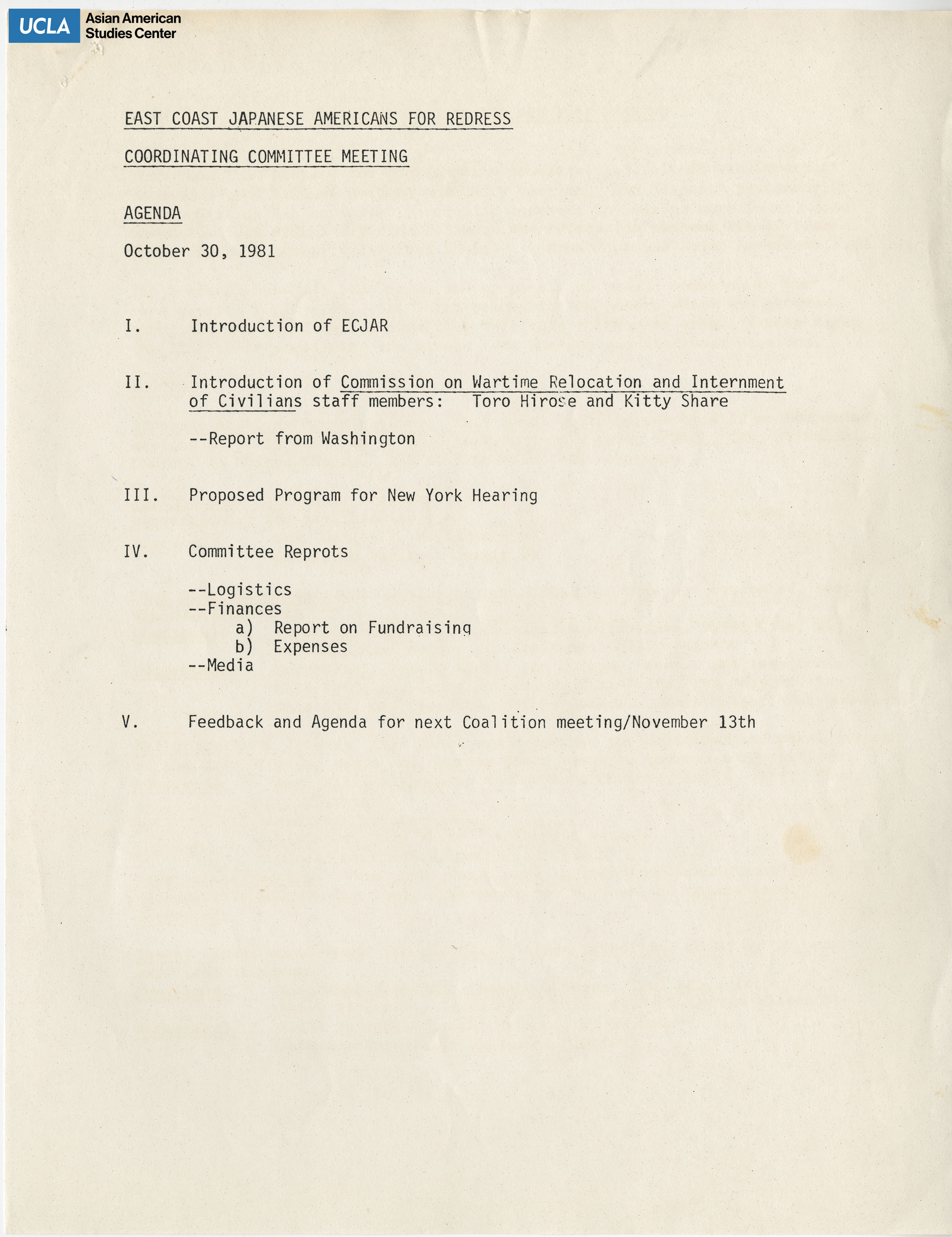 Agenda for committee meeting.