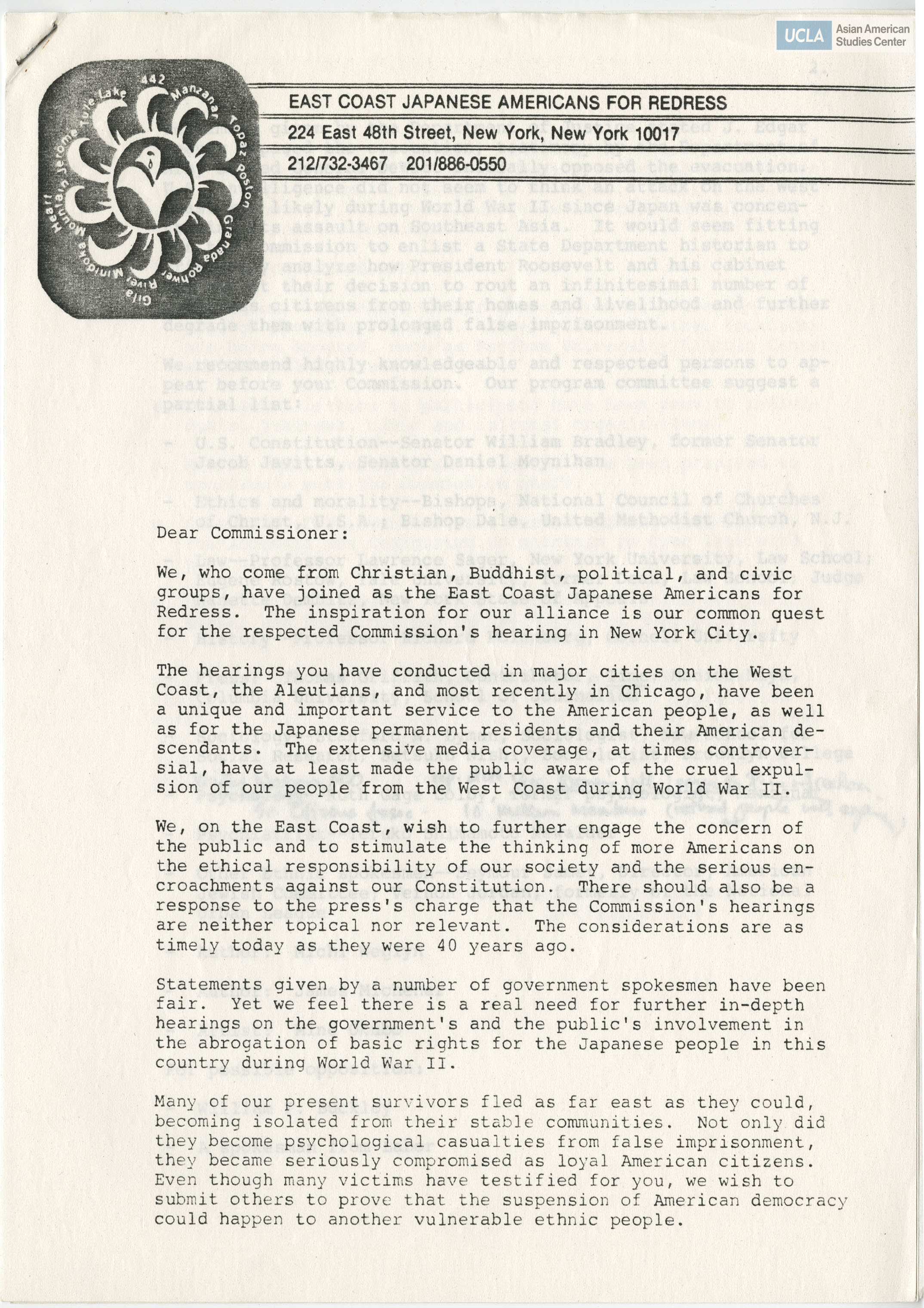 Letter regarding attendees to New York hearing of Commission on Wartime Relocation and Internment Civilians.