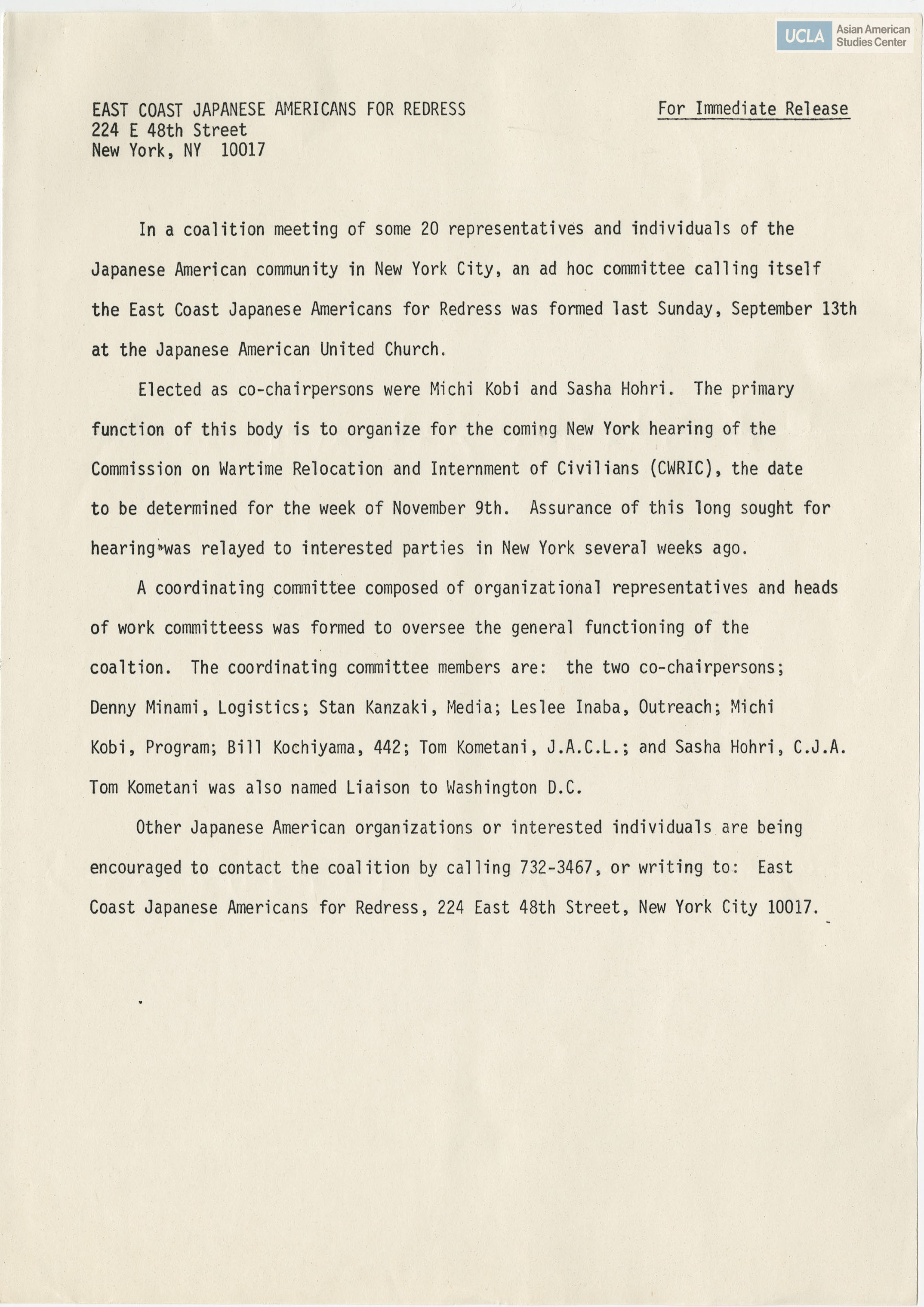 Press release regarding elected committee representatives for the East Coast Japanese Americans for Redress.
