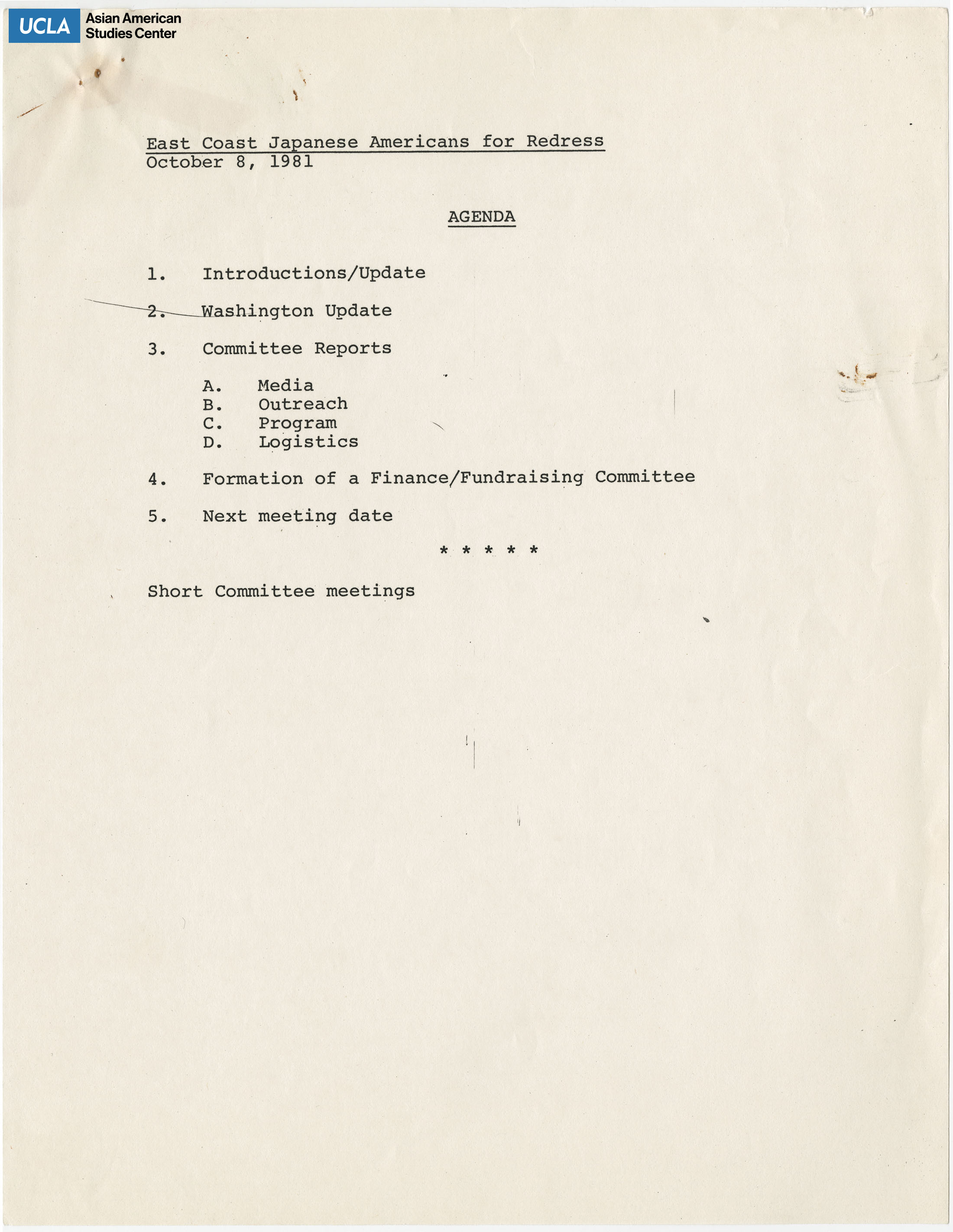 Agenda for East Coast Japanese Americans for Redress meeting.