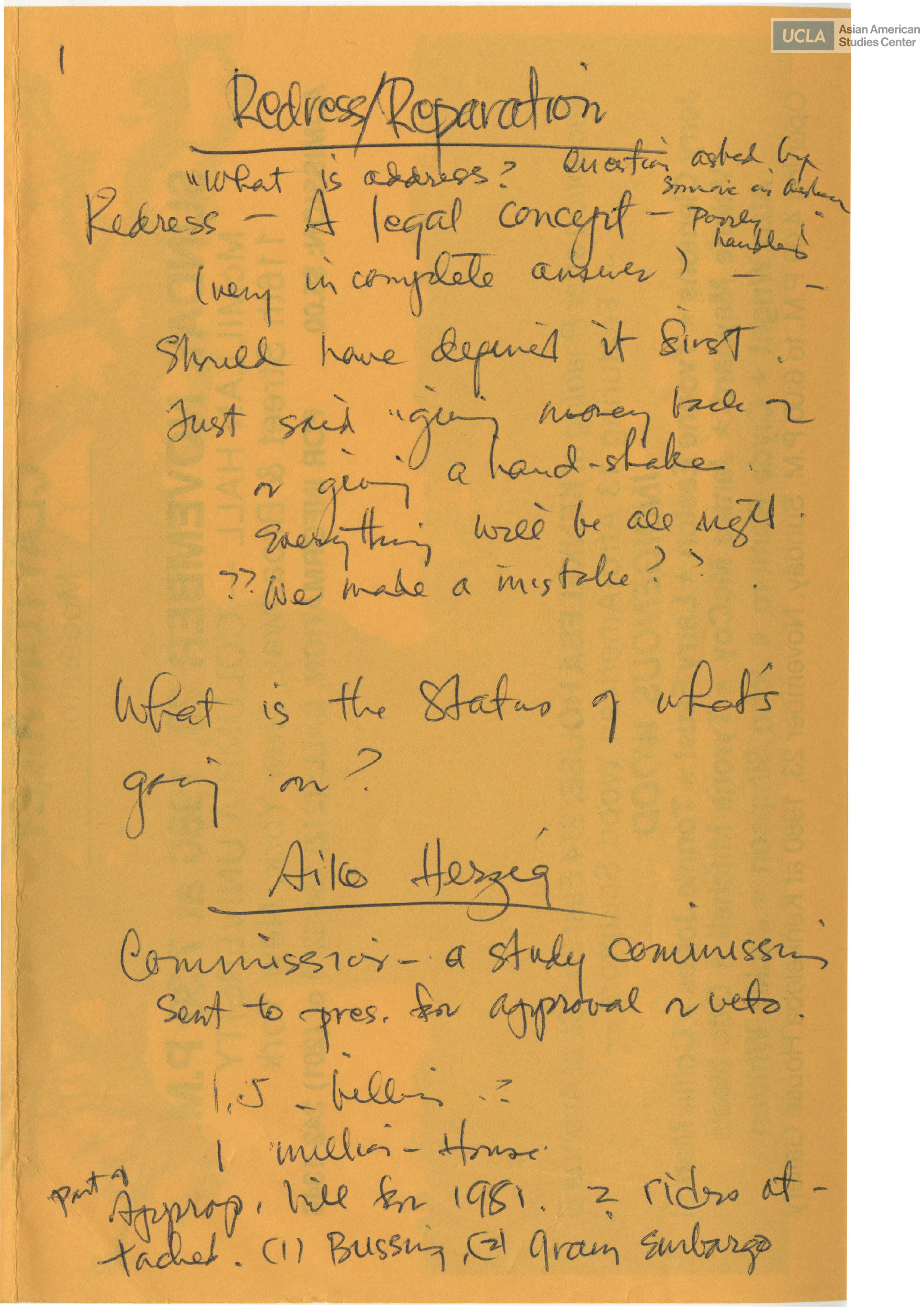 Hand-written notes on brainstorming for redress and reparations for Japanese Americans during World War II.