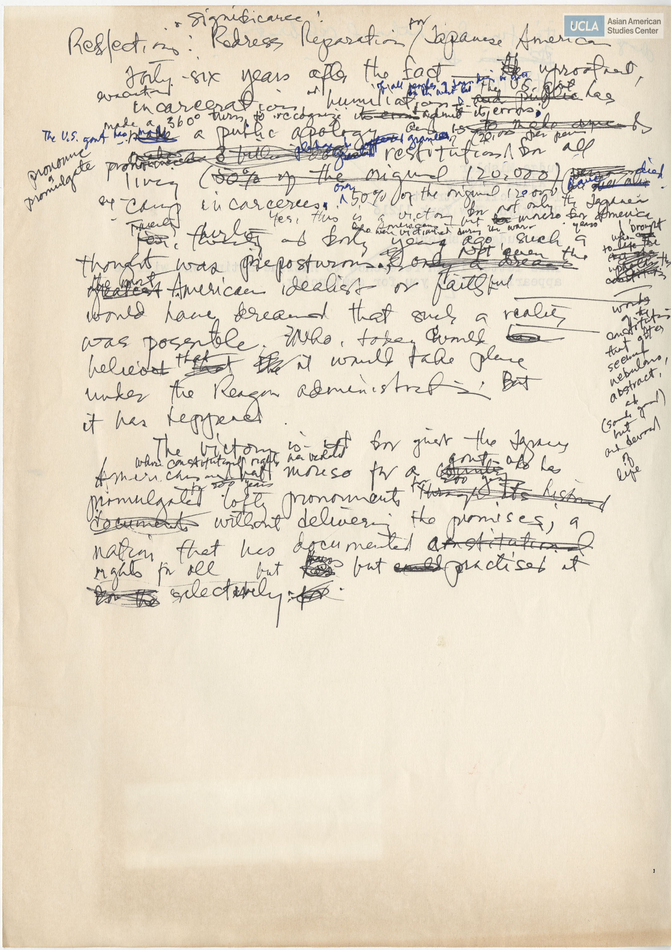 Hand-writtten notes on reflection of redress and reparations for Japanese Americans.