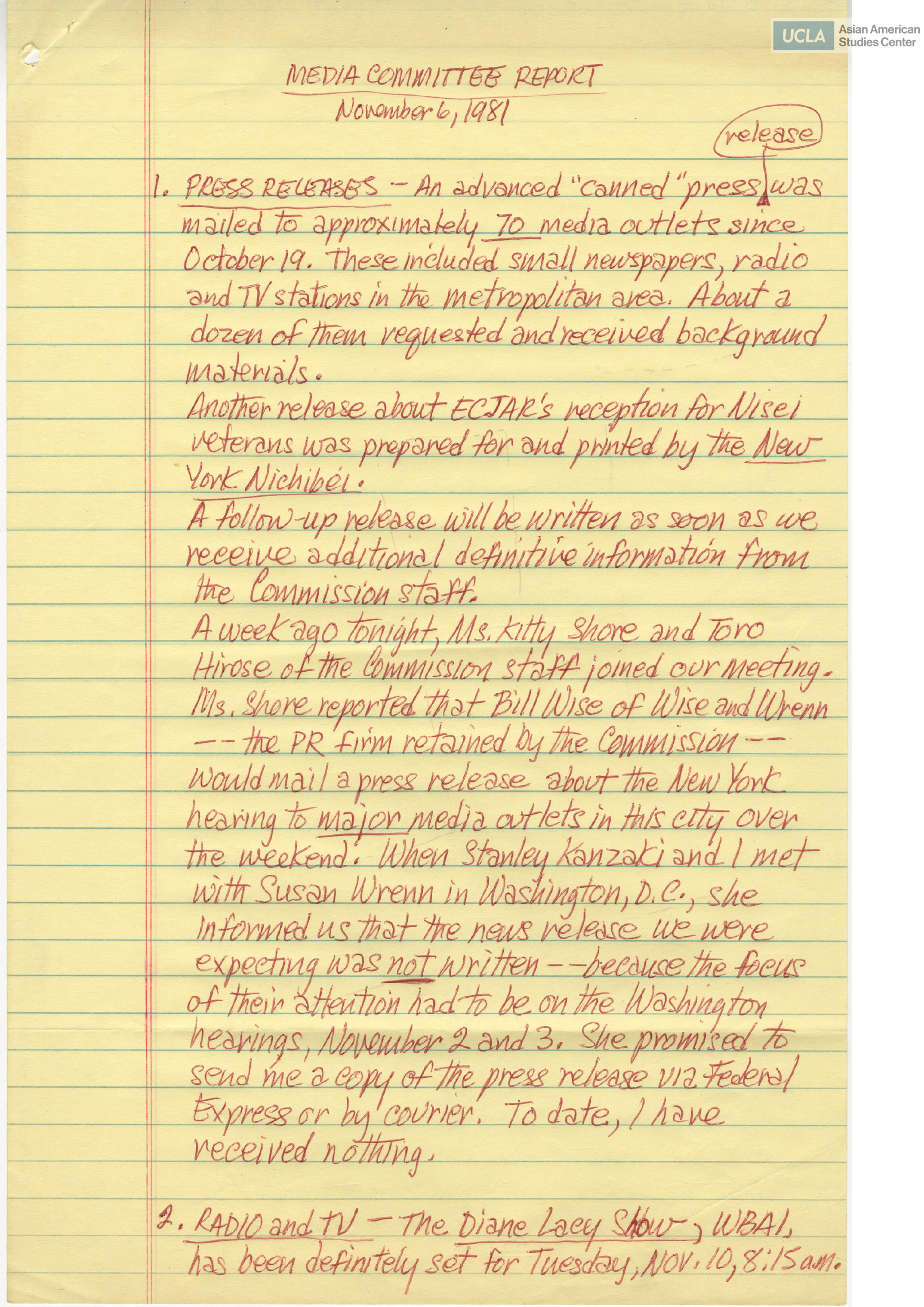 Media committee report regarding press releases and media releases regarding the New York hearing.