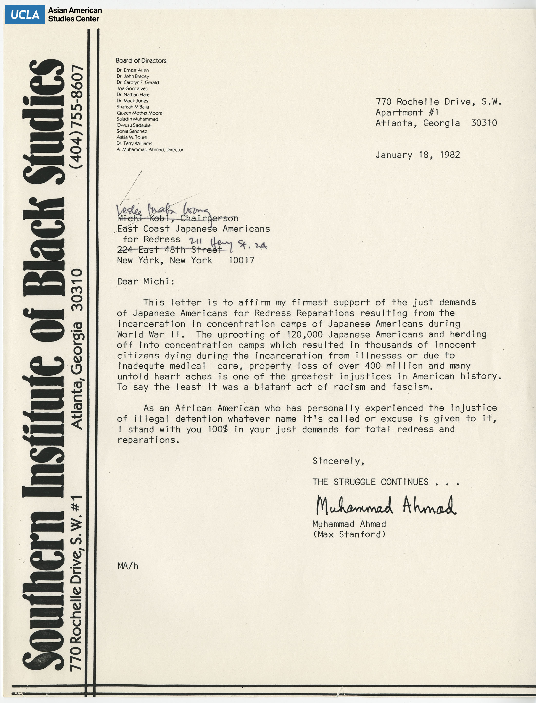 Letter regarding support for Japanese American redress and reparations resulting from incarceration during World War II.