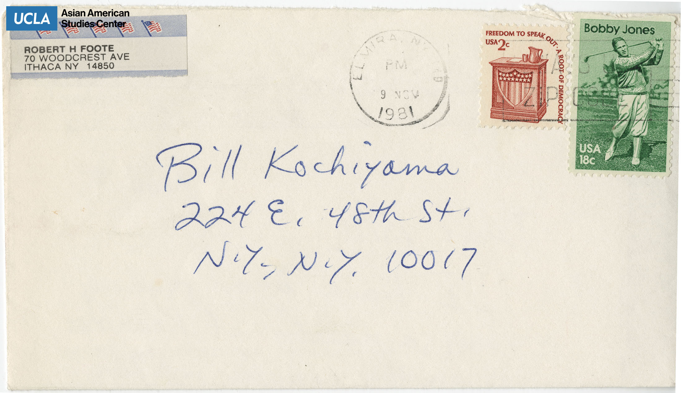 Envelope addressed to Bill Kochiyama. Postmarked on November 9, 1981.