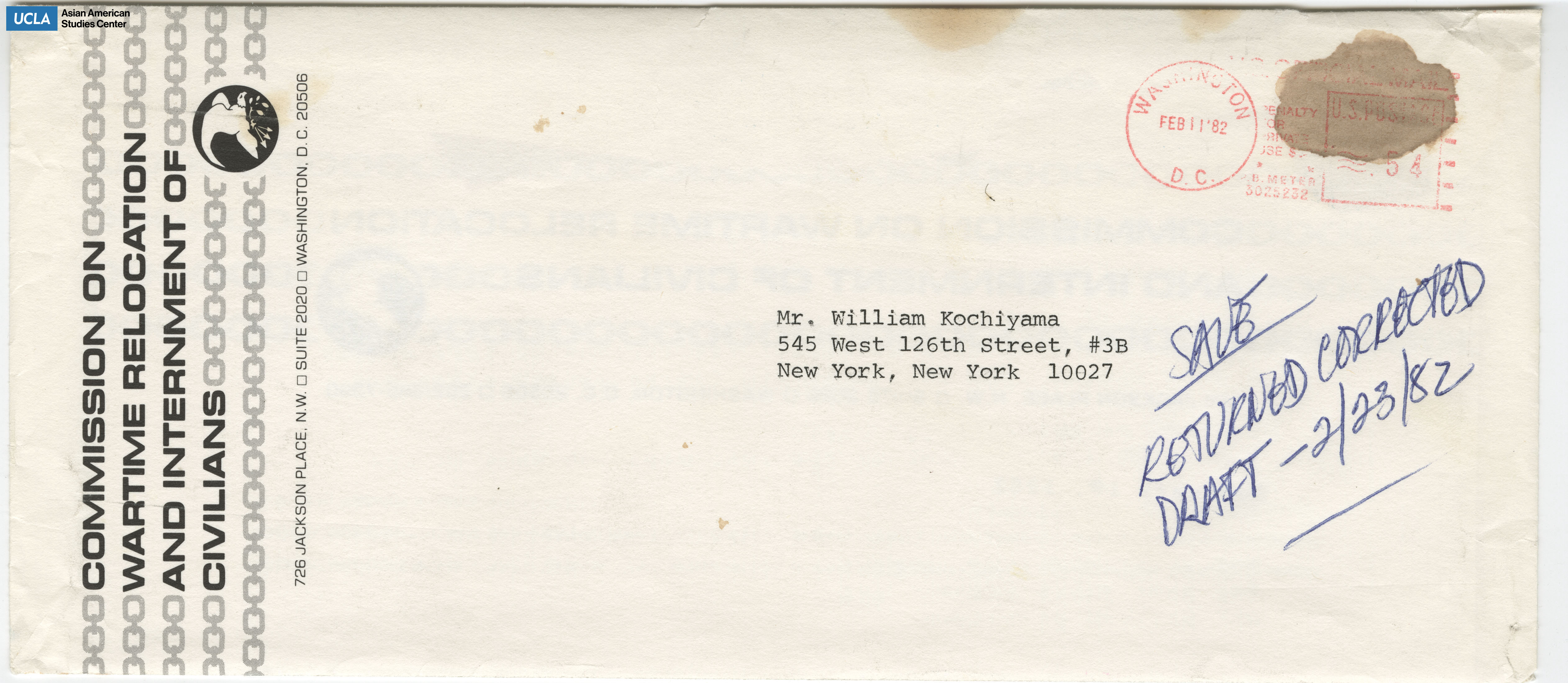 Envelope addressed to Bill Kochiyama. Postmarked on February 11, 1982.