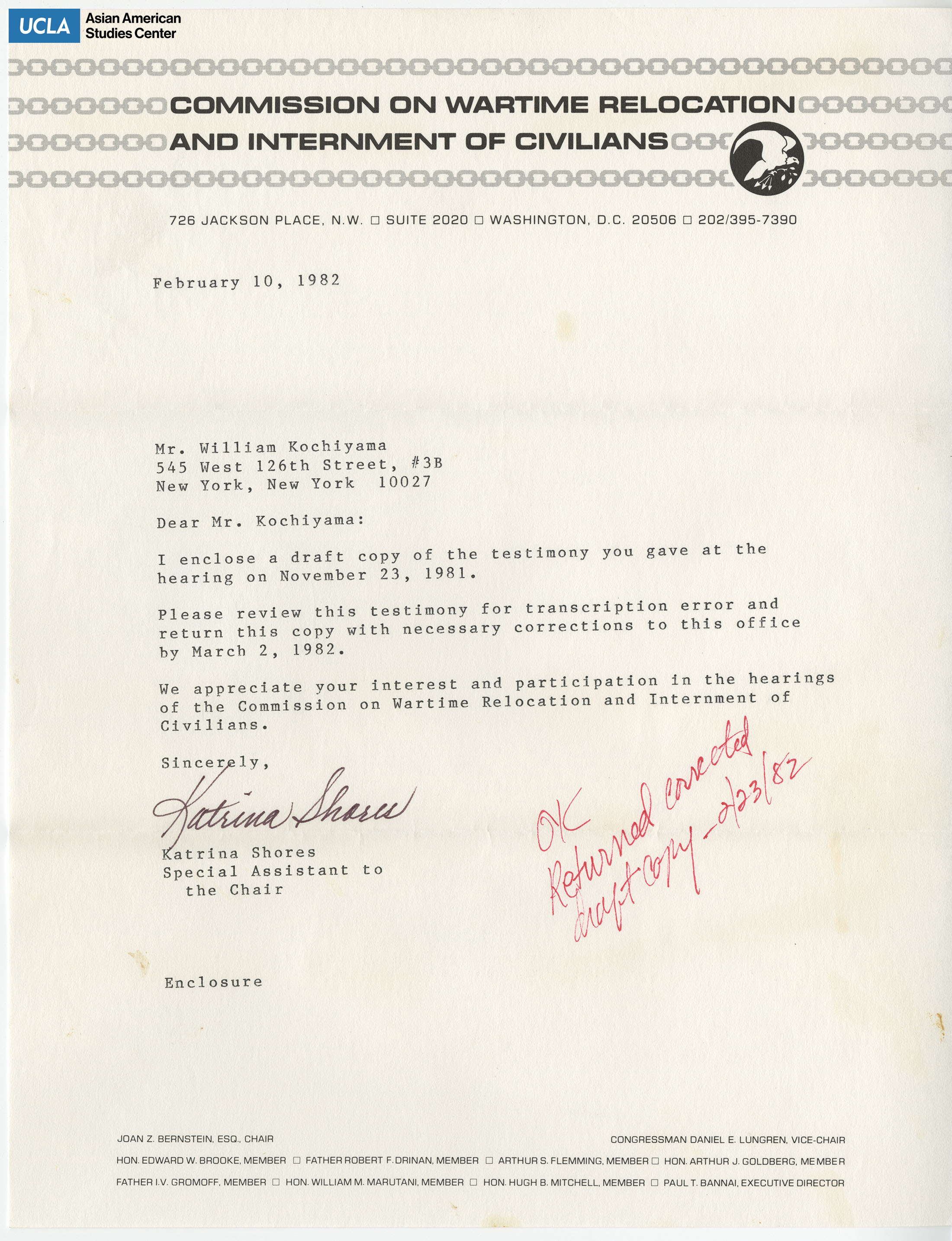 Letter regarding the review of the New York testimony transcription for Commission on Wartime Relocation and Internment of Civilians.