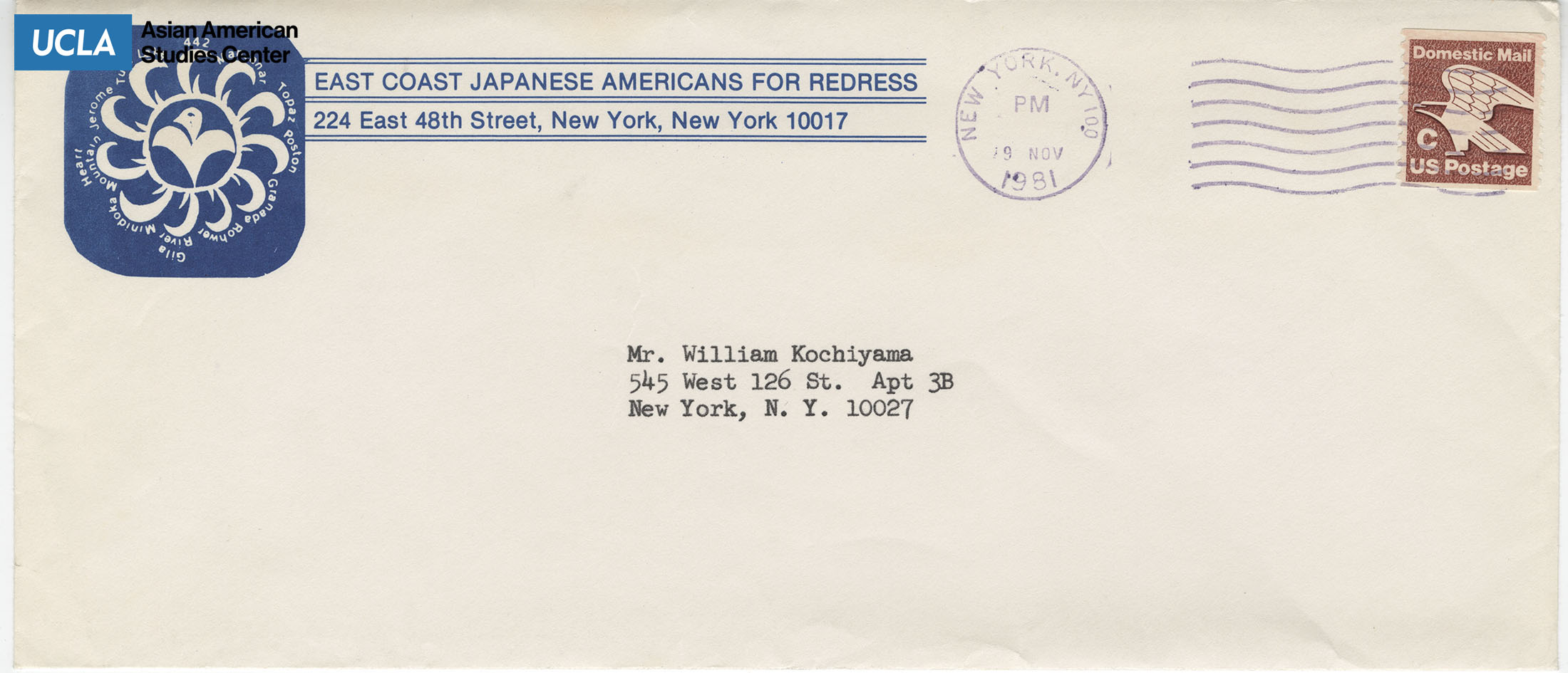 Envelope addressed to Bill Kochiyama. Postmarked on November 9, 1981.