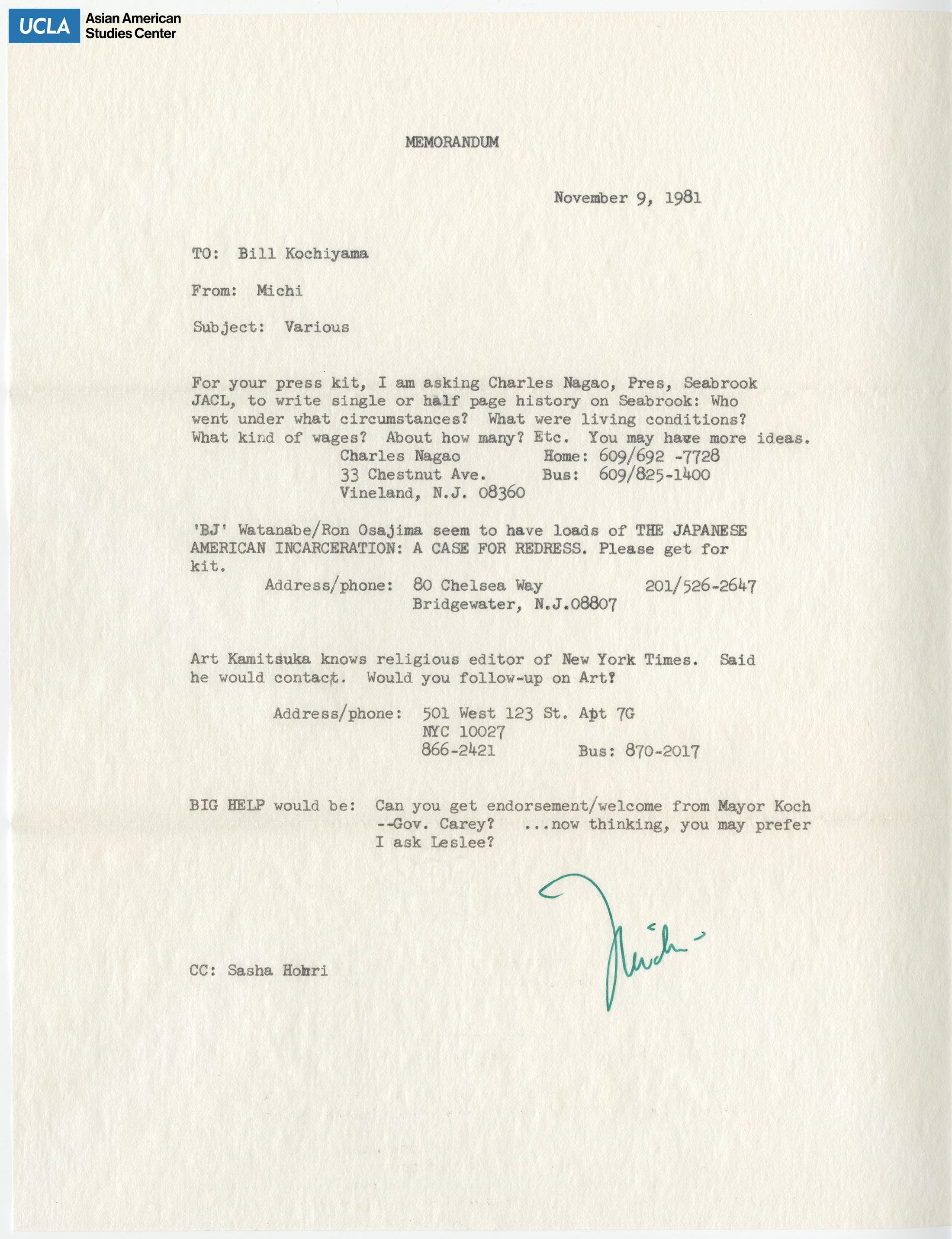 Letter regarding the press kit of redress.