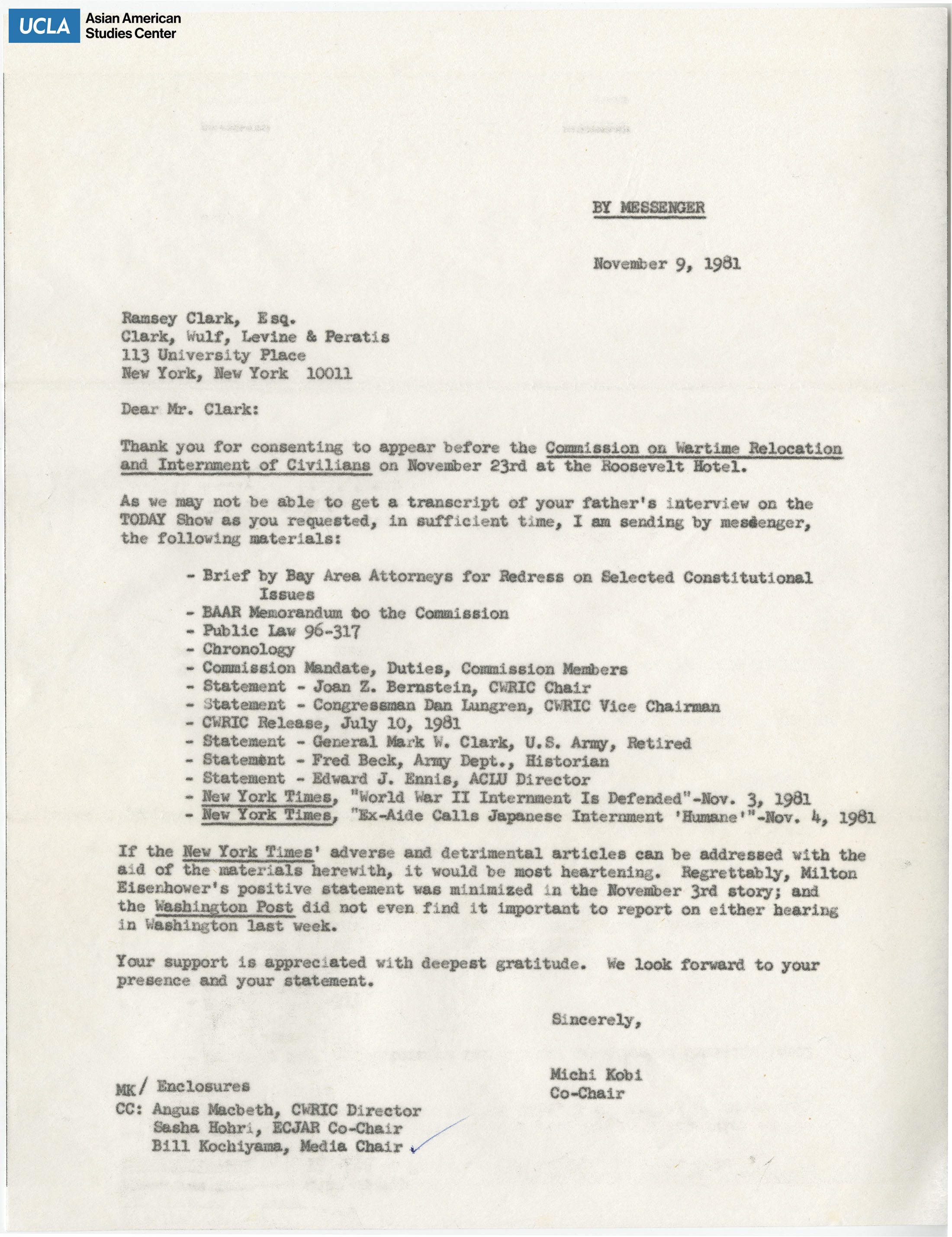 Letter of thanks for apprearing before the Commission on Wartime Relocation and Internment of Civilians.