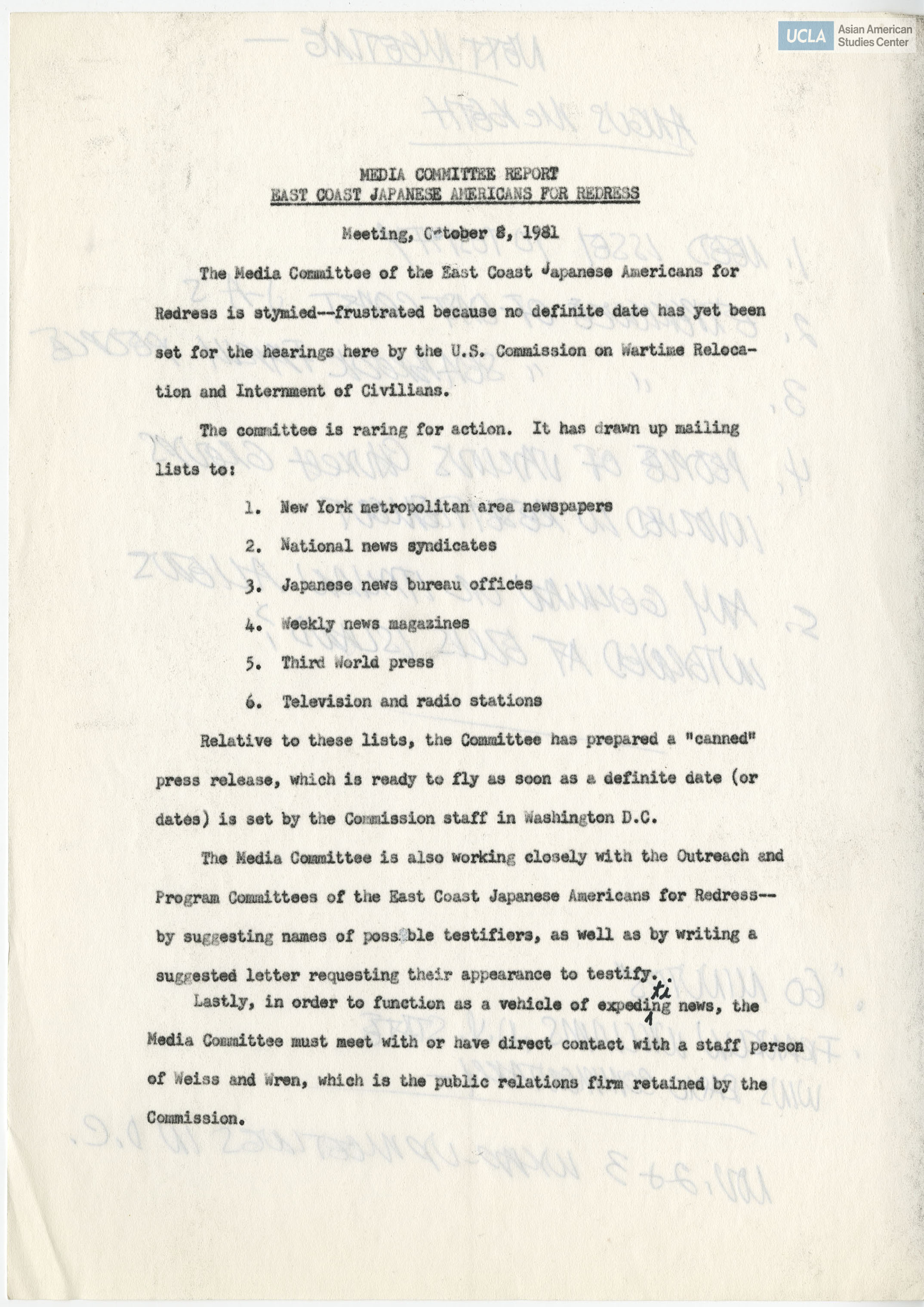 Media committee report regarding press release and mailing lists on New York hearings.