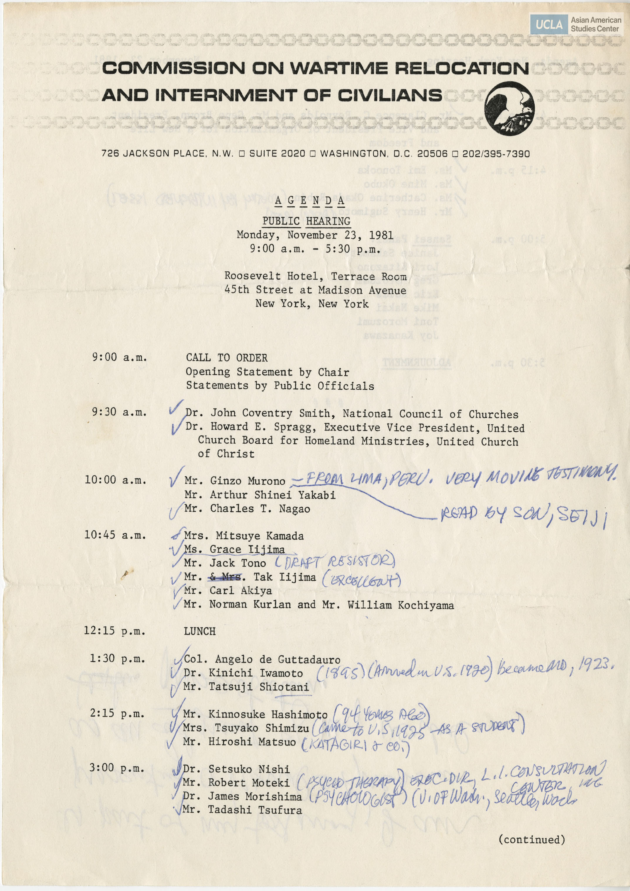 Schedule of all-day testimony hearings. Includes notes on hearing reactions.