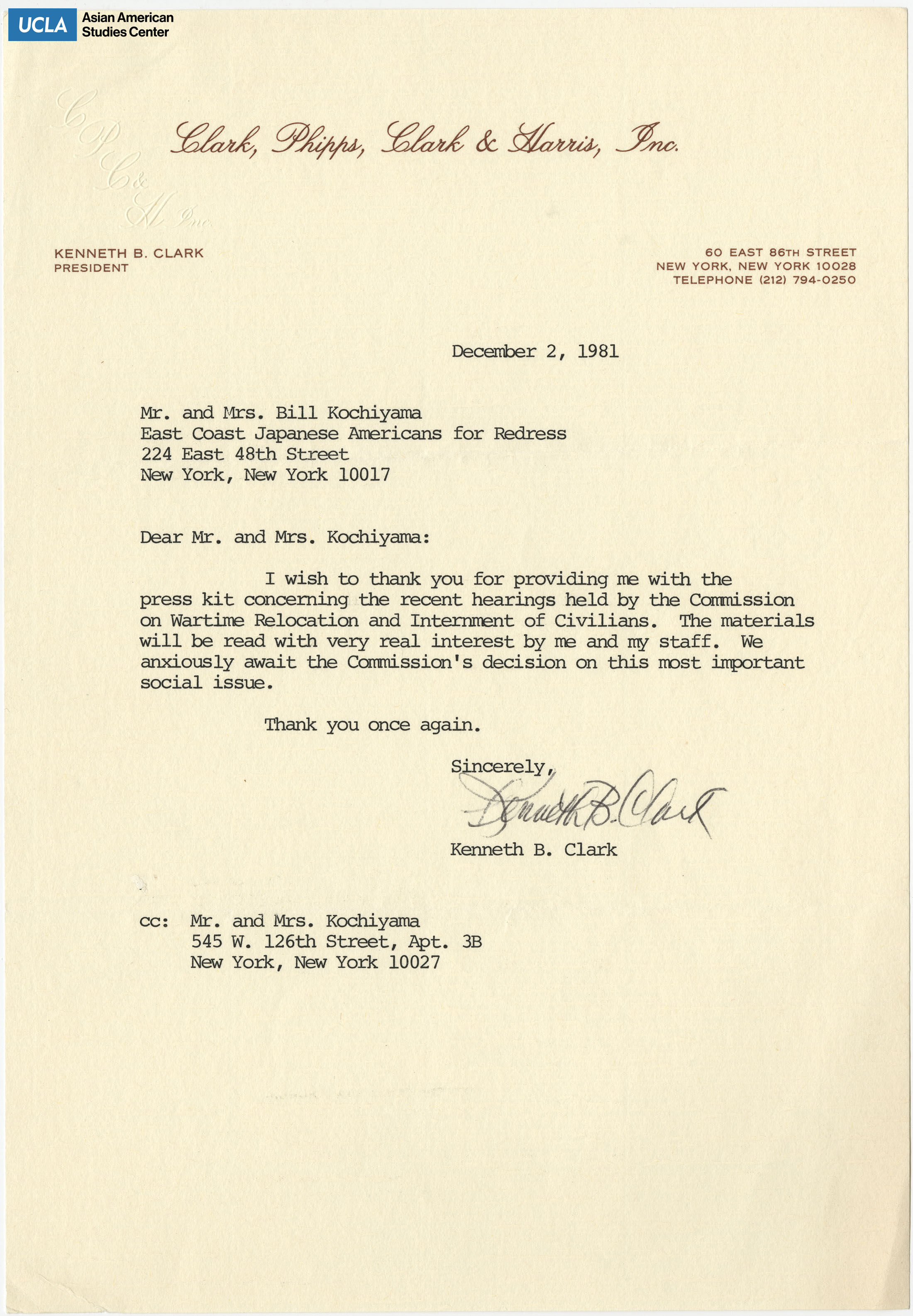 Letter of thanks for providing press kits regarding the New York hearings.