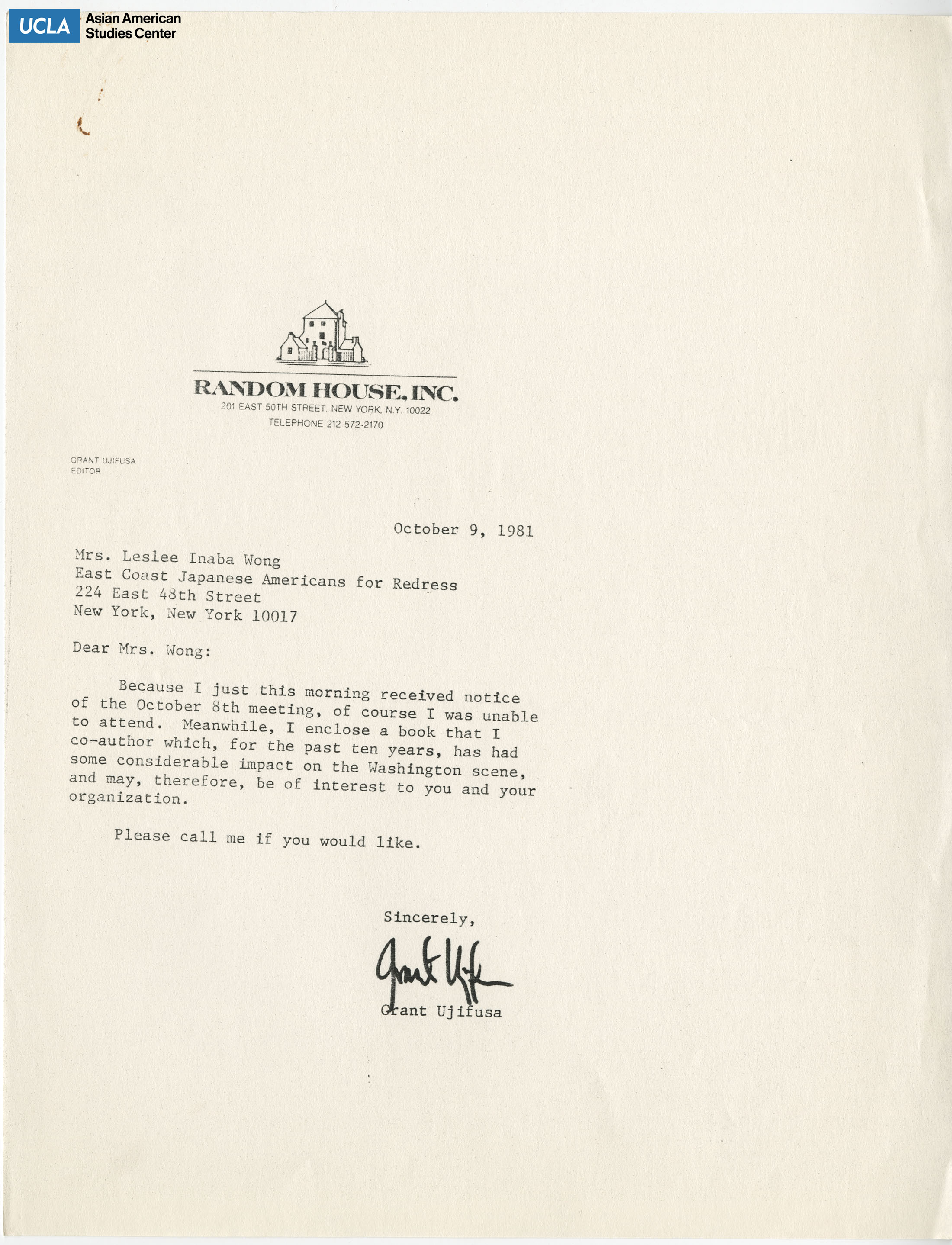 Letter regarding missing the October 8th meeting and an enclosed book that was co-authored.