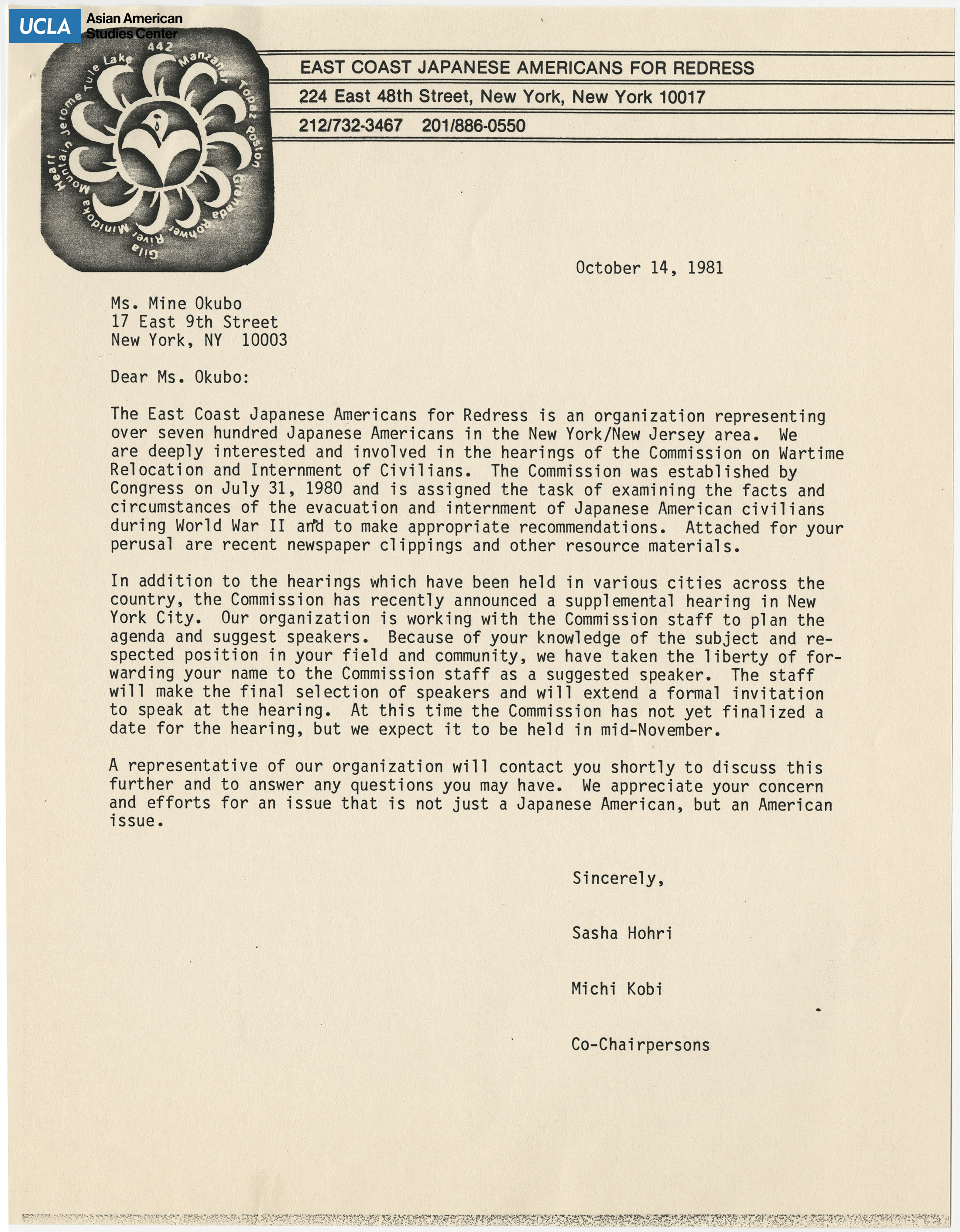 Letter addressed to Miné Okubo, regarding the organization of seven hundred Japanese Americans for the involvement in the New York hearings of the Commission on Wartime Relocation and Internment of Civilians.