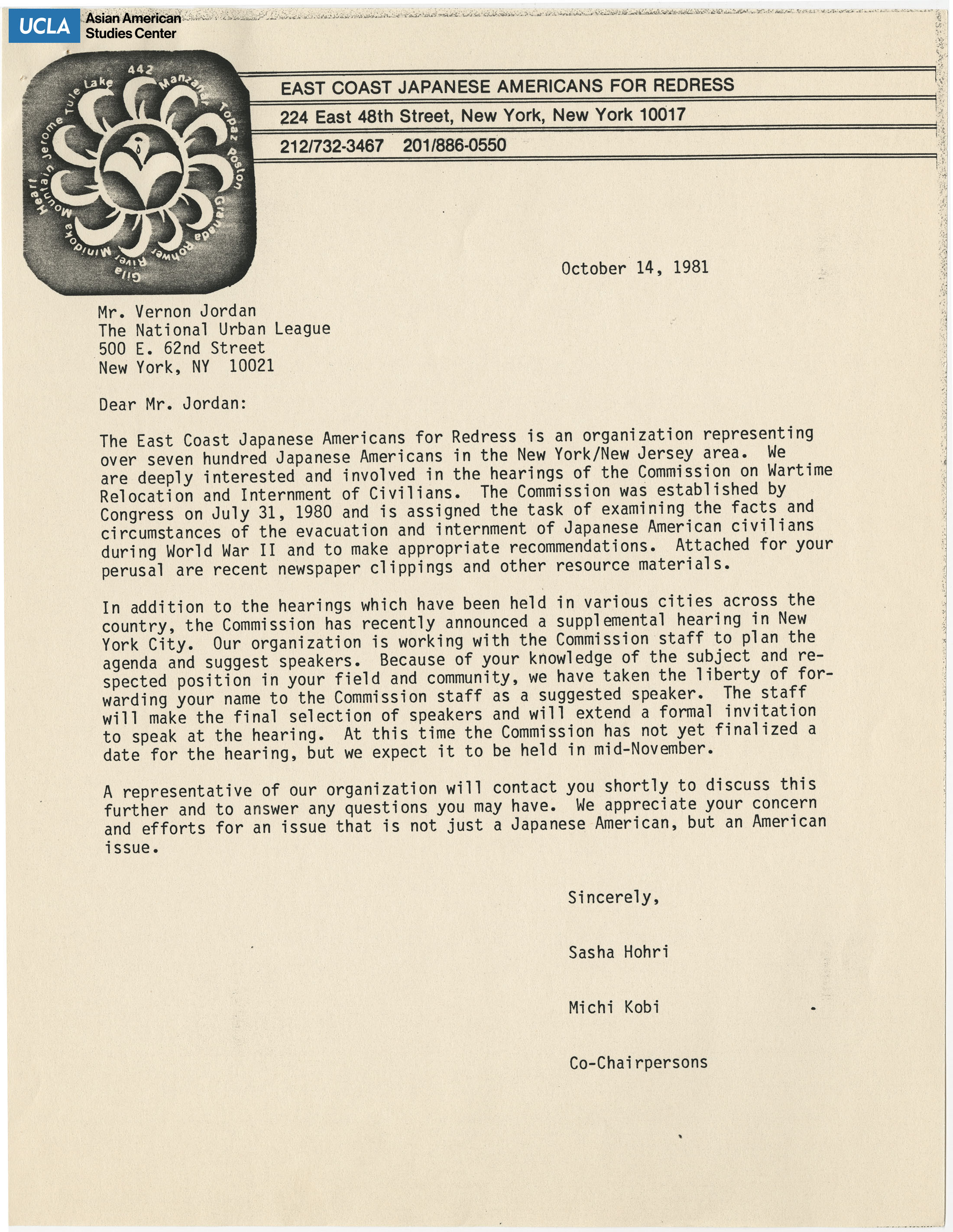 Letter addressed to Vernon Jordan, The National Urban League, regarding the organization of seven hundred Japanese Americans for the involvement in the New York hearings of the Commission on Wartime Relocation and Internment of Civilians.
