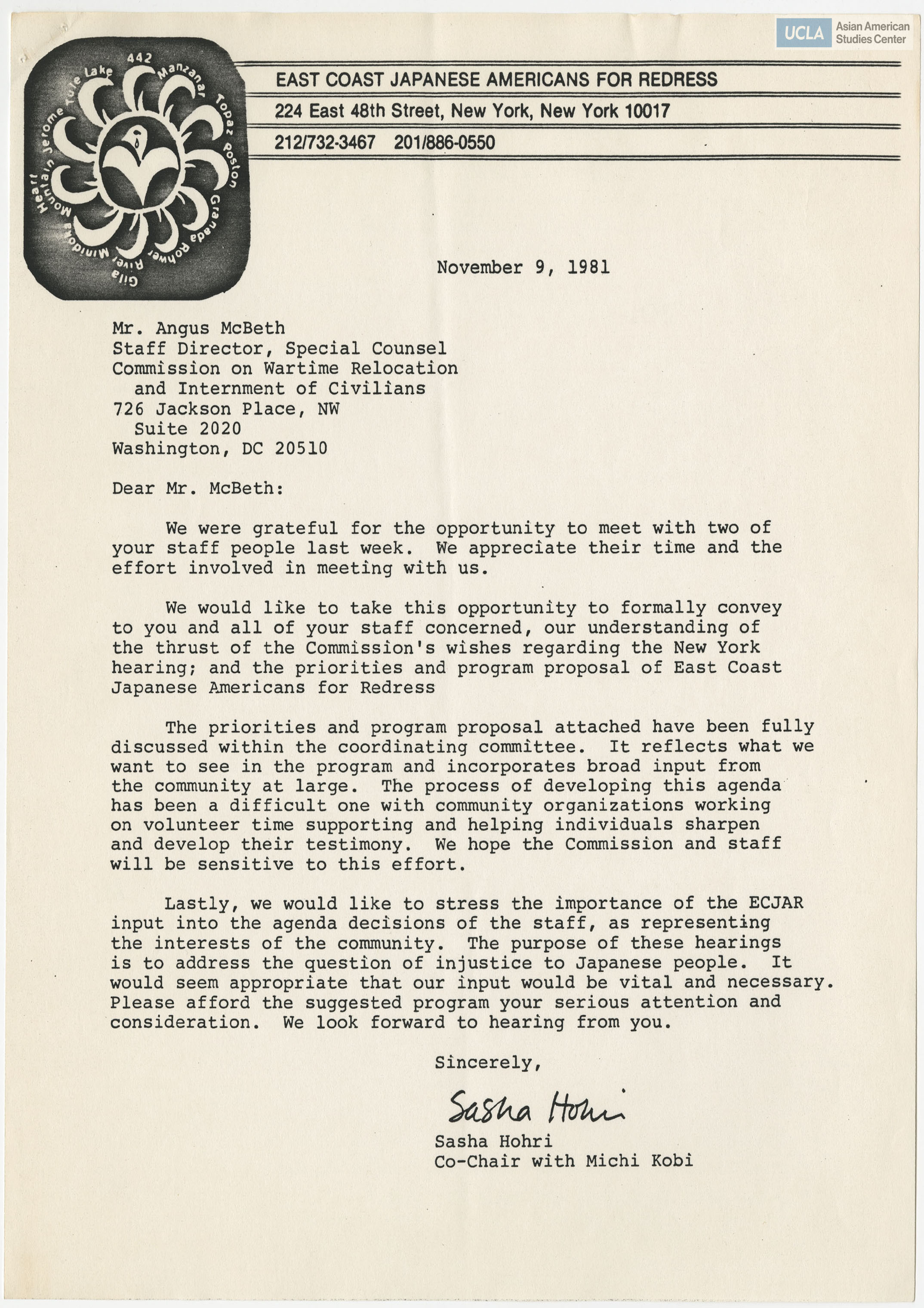 Letter addressed to Angus Mcbeth, Staff Director, Special Counsel Commission on Wartime Relocation and Internment of Civilians, regarding the New York hearings.