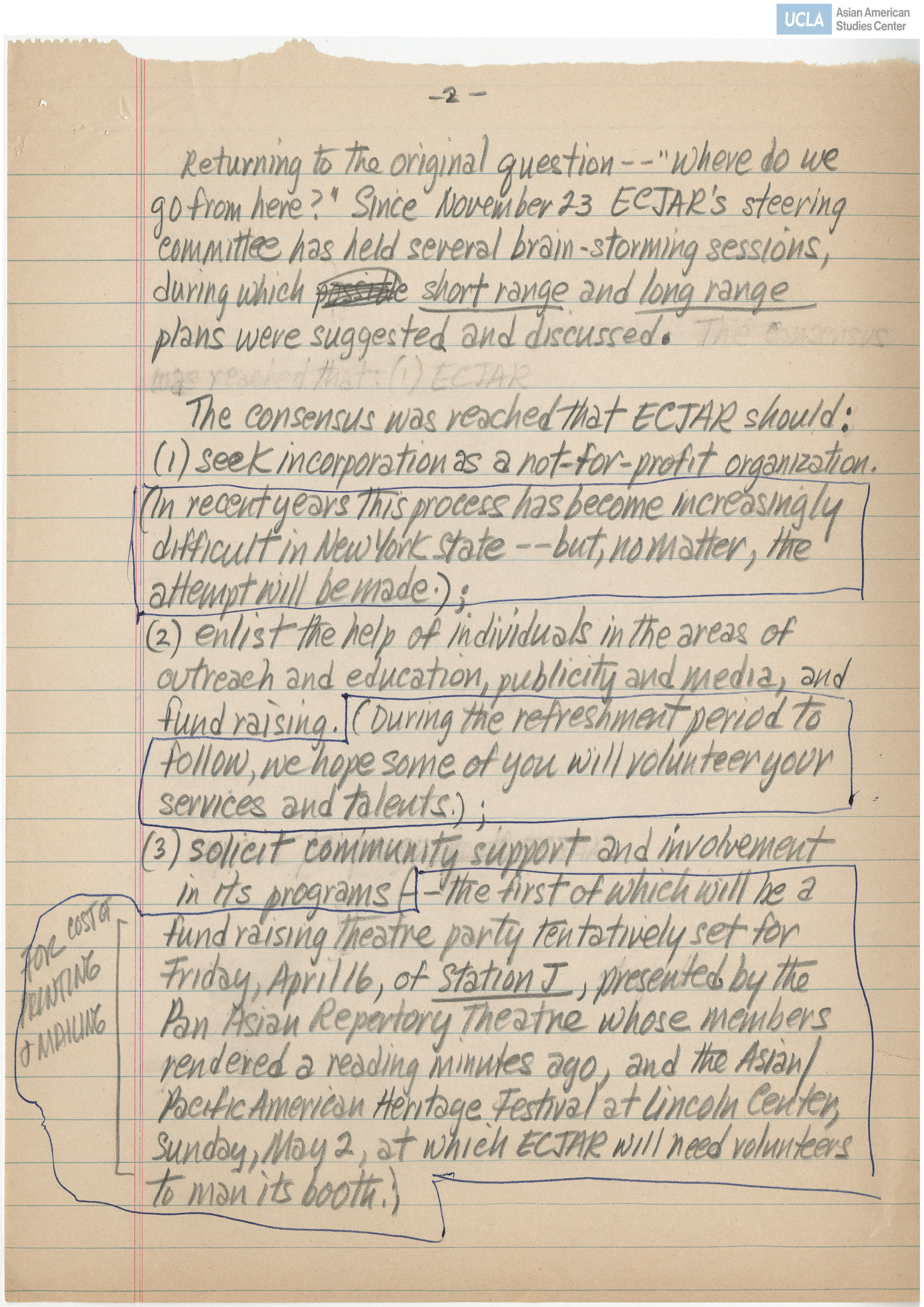 Notes regarding the organization of the East Coast Japanese Americans for Redress committee.