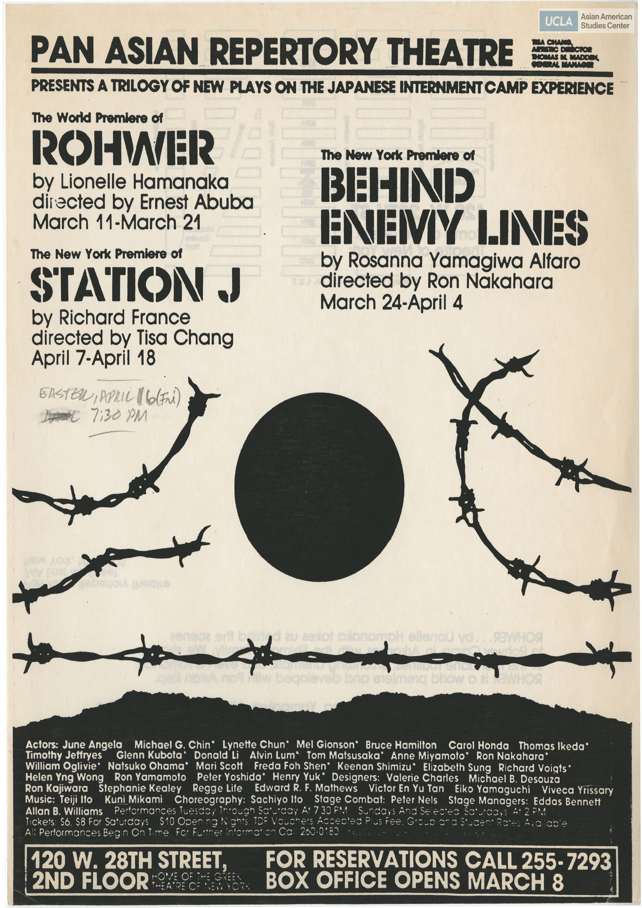 Flyer regarding plays on the Japanese internement camp experience of Rohwer, Station J, and Behind Enemy Lines.