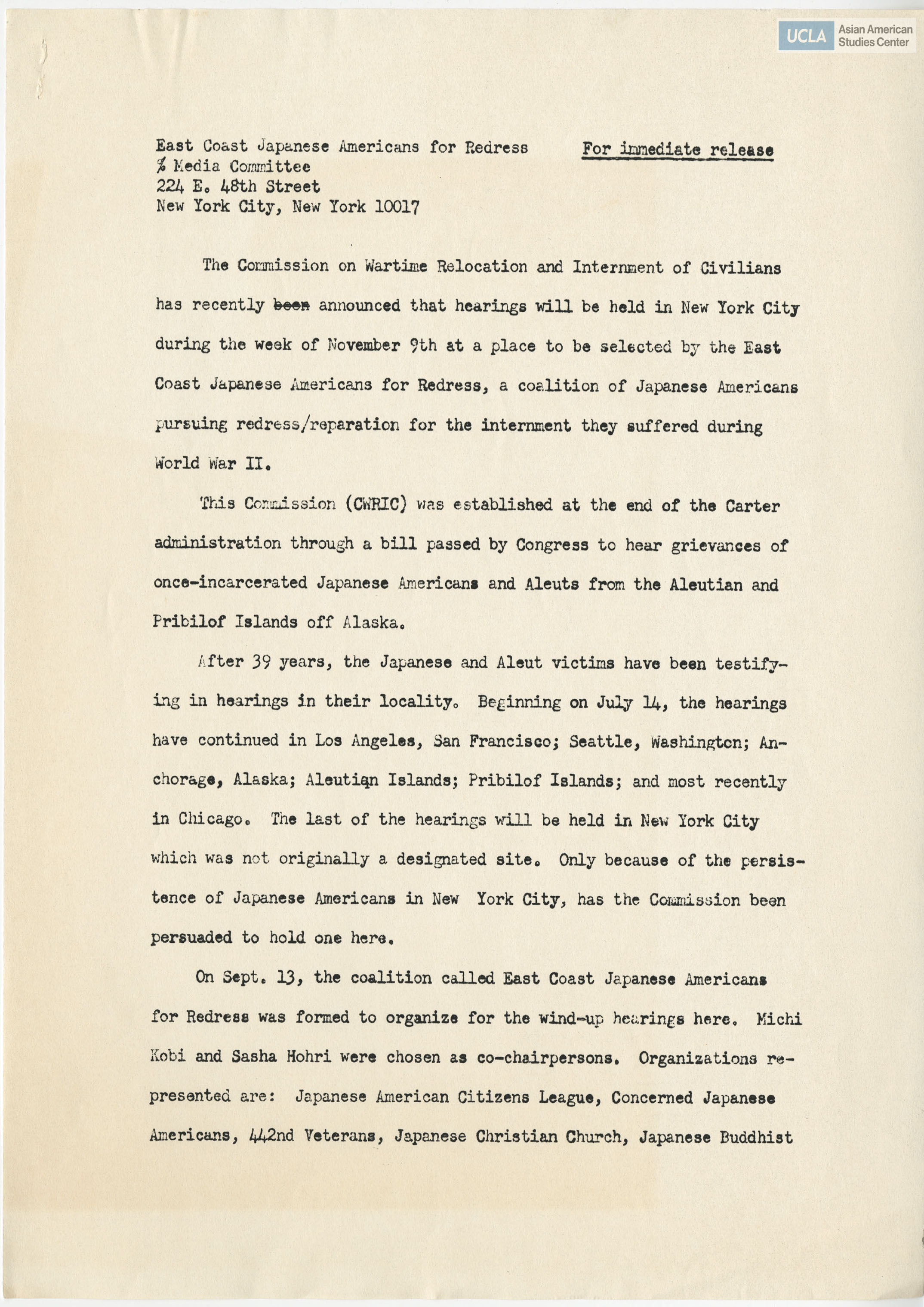 Press release regarding the New York hearing seeking testifiers, not only incarcerees, but government officials who were involved in formation of camps.