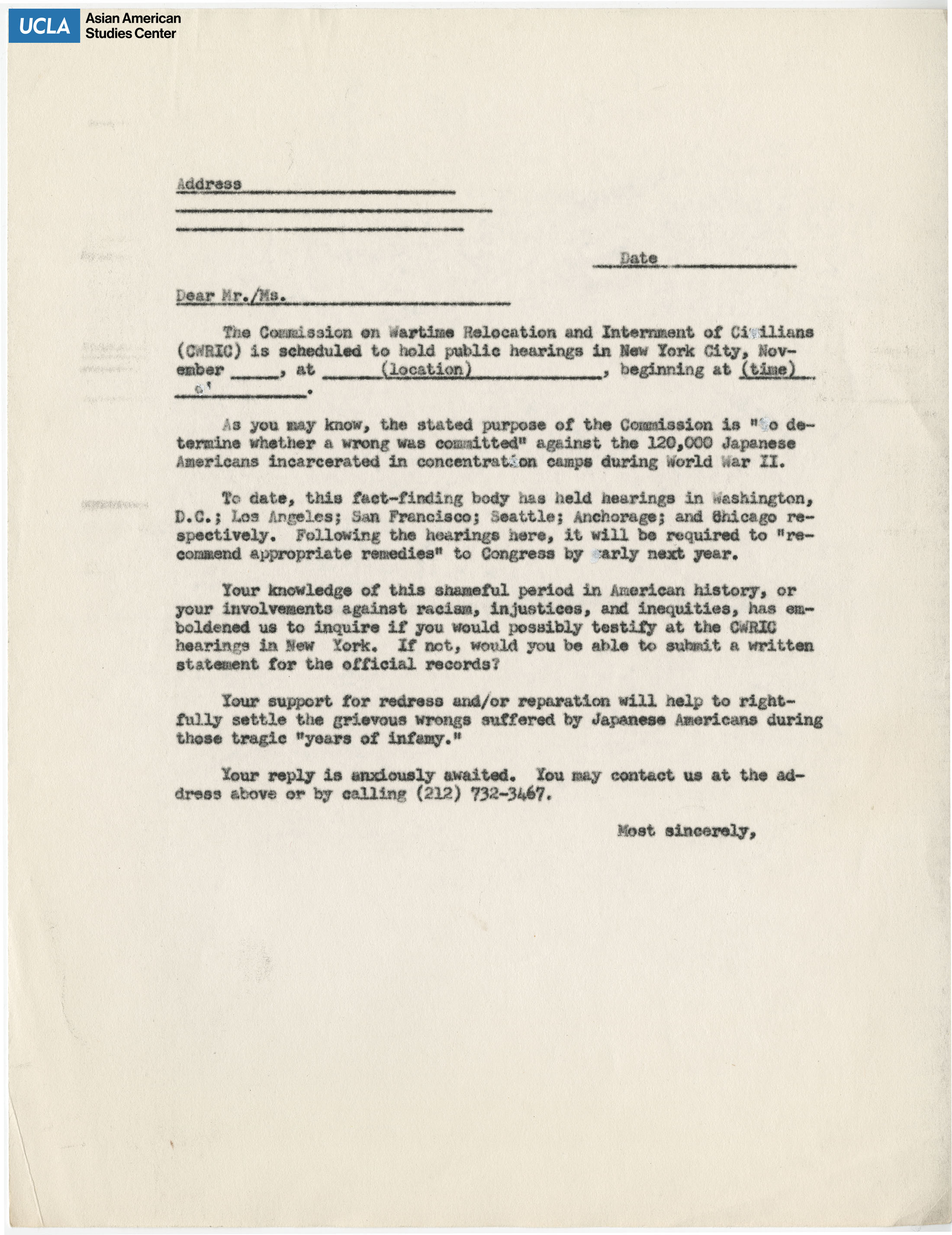 Letter template regarding the participation of becoming a testifier, either written or oral statements.