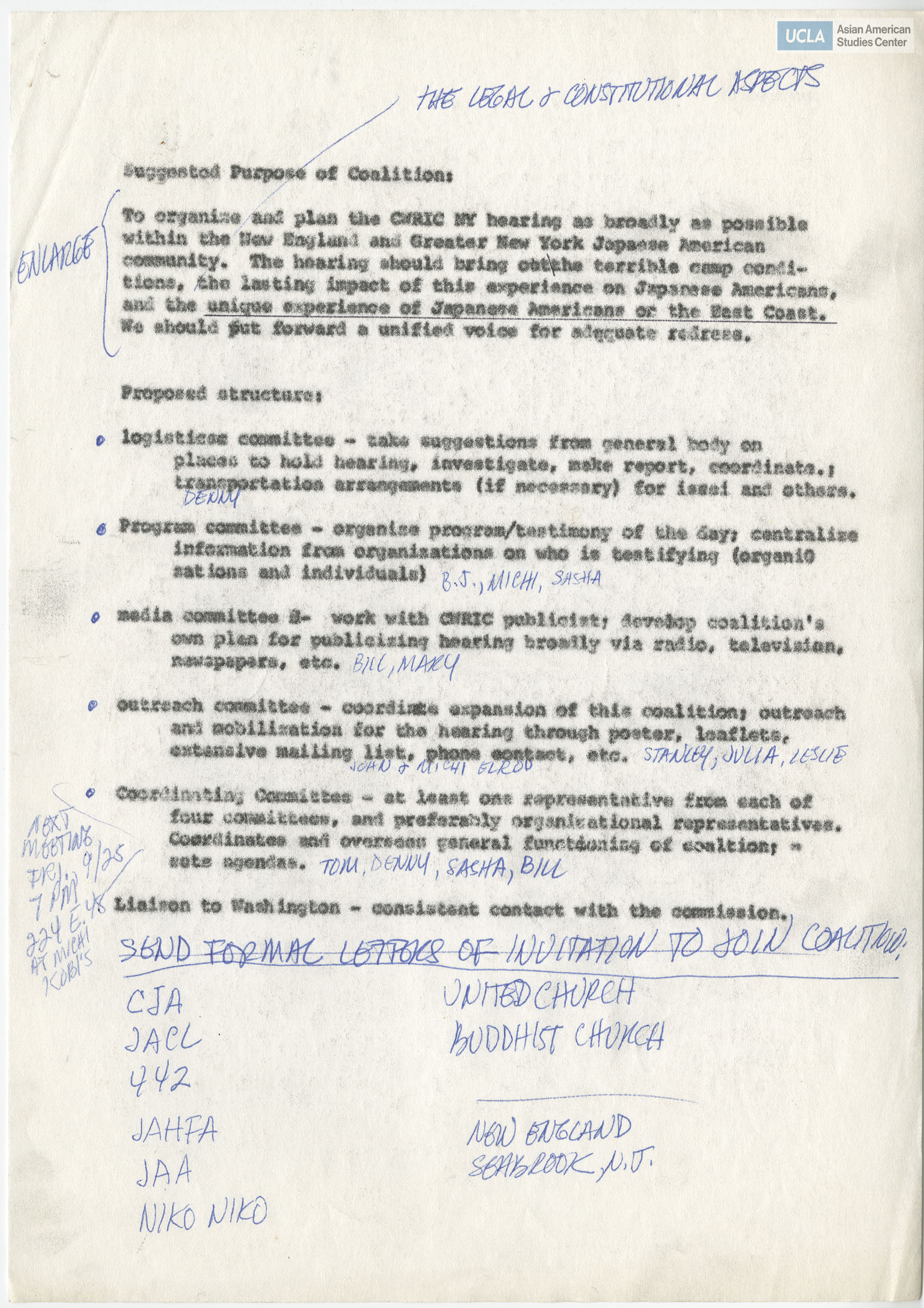 Includes the organization of logistics committee, program committee, outreach committee, coordinating committee, and liaison to Washington. Includes handwritten notes on invitation to join coalition.