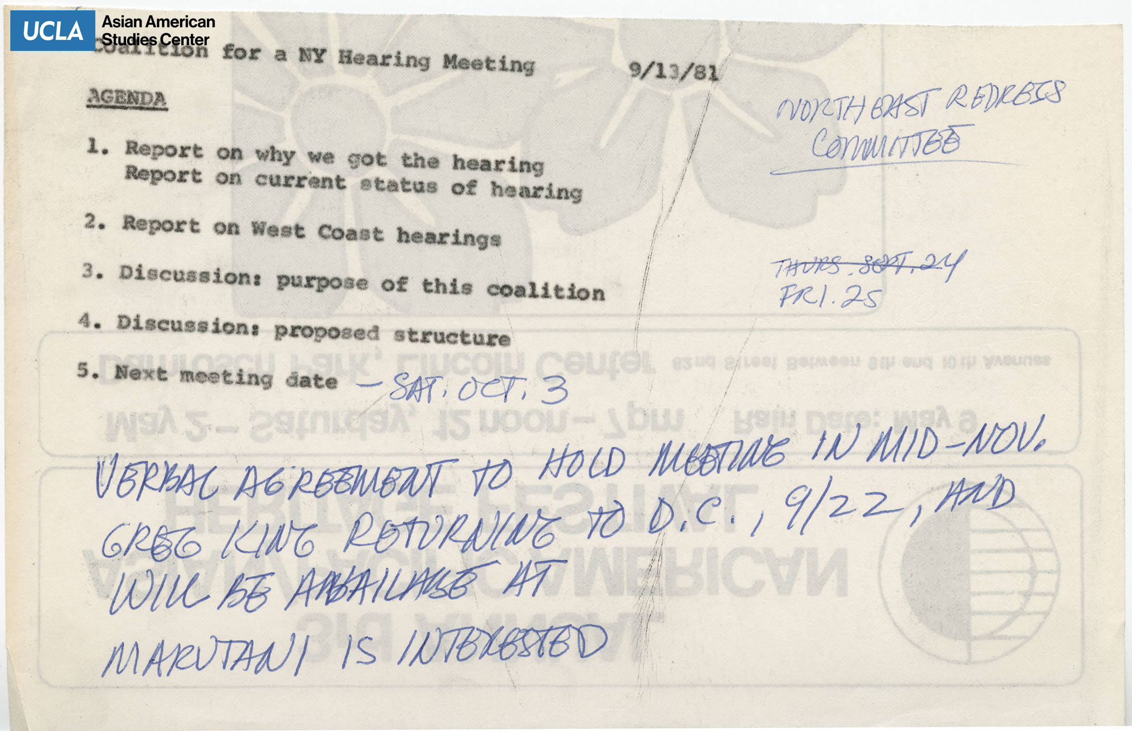 Agenda meeting regarding New York hearing.