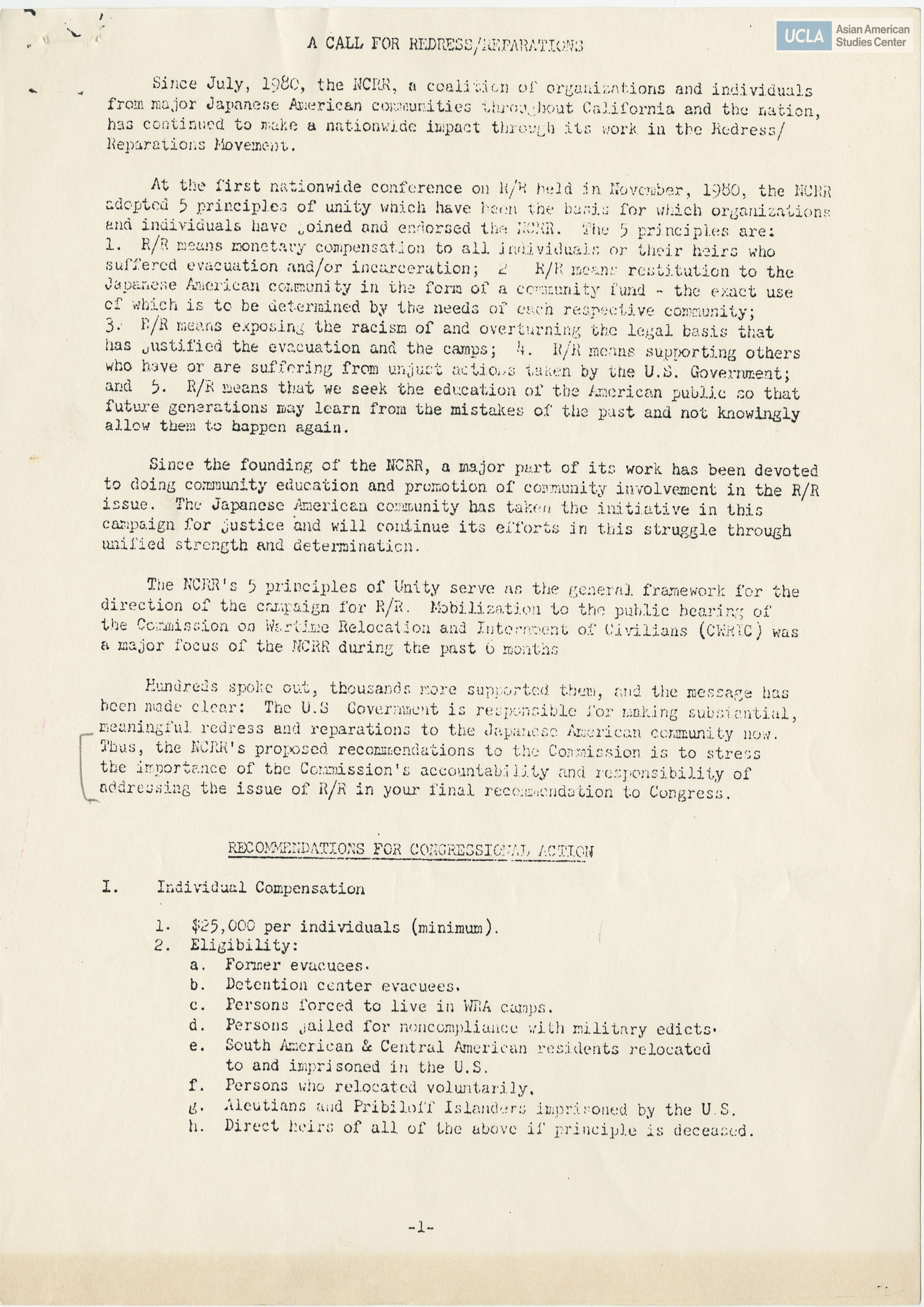 NCRR steering committee meeting in regards to redress and reparations for Japanese Americans.
